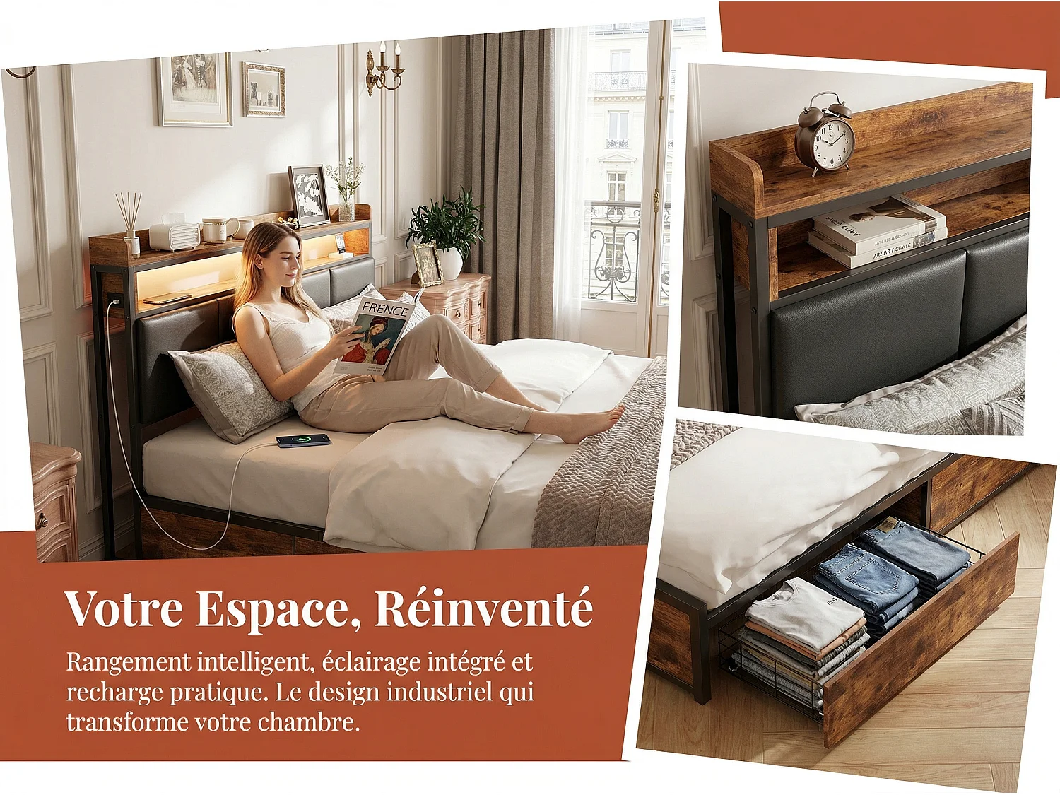 Lit 160x200 cm avec Rangement, Lit avec 4 Tiroirs de rangement, Tête de Lit avec Étagère