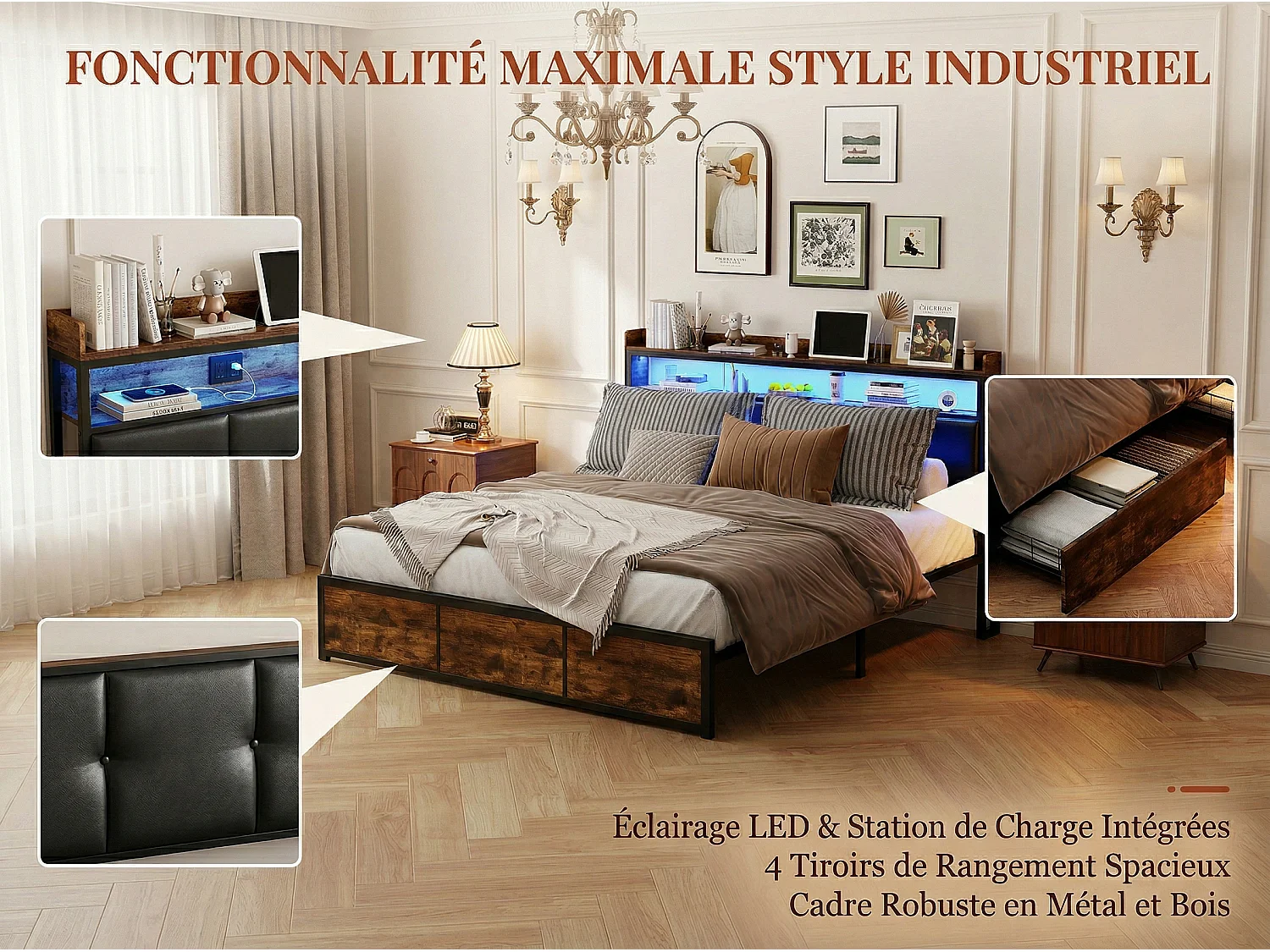 Lit 160x200 cm avec Rangement, Lit avec 4 Tiroirs de rangement, Tête de Lit avec Étagère