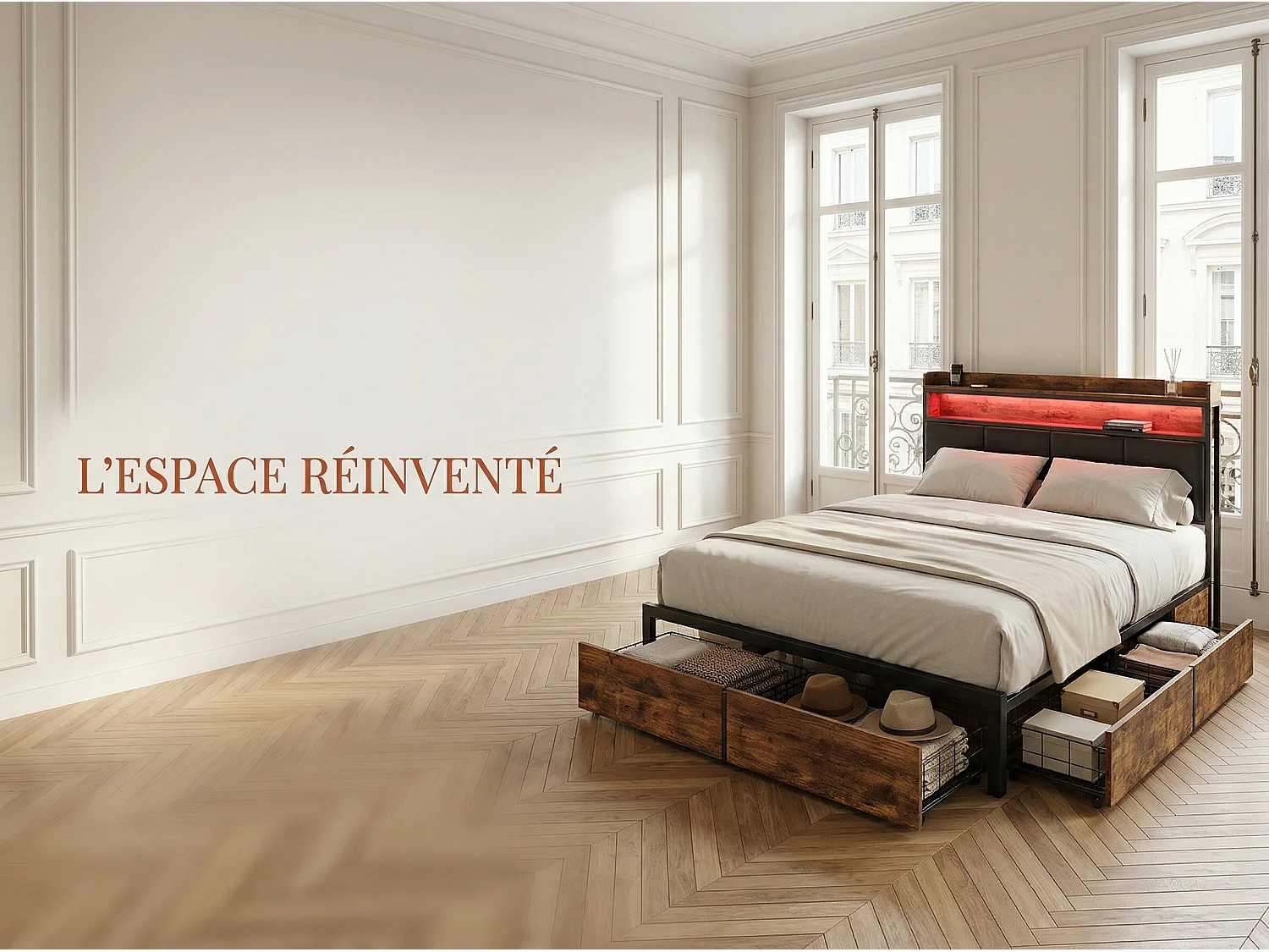Lit 160x200 cm avec Rangement, Lit avec 4 Tiroirs de rangement, Tête de Lit avec Étagère
