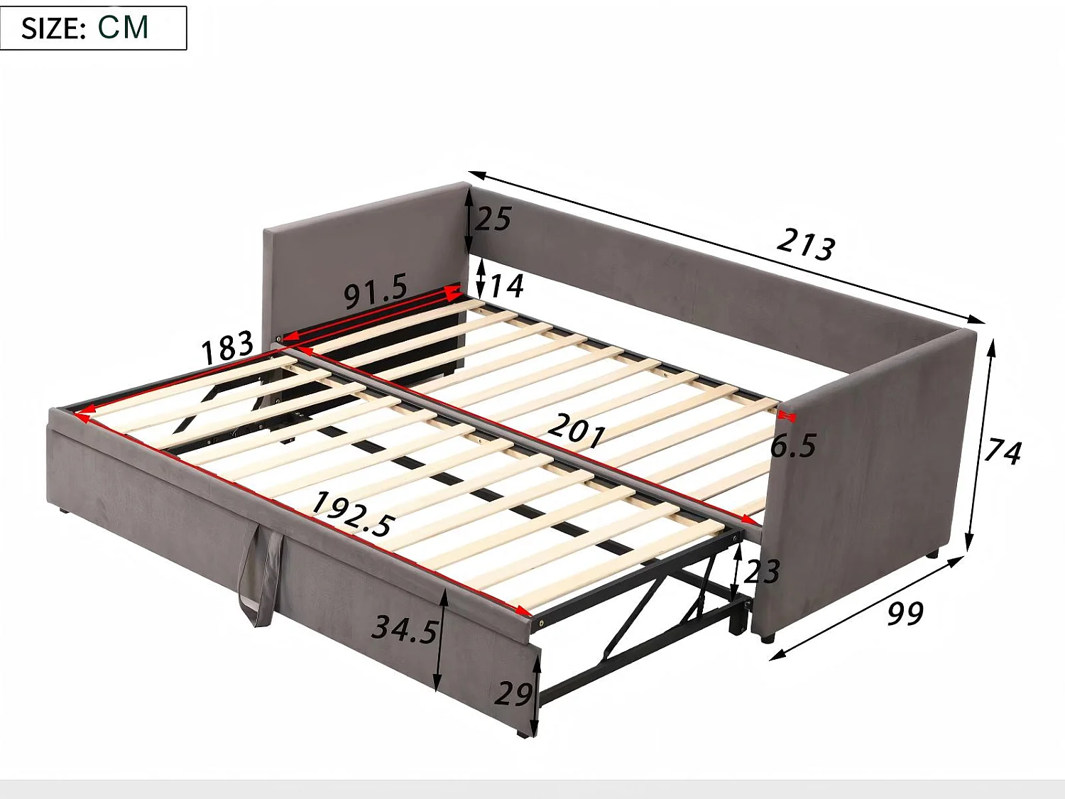 Canapé lit extensible 90/180x200, lit gigogne rembourré velours, convertible 2 places, gain de place