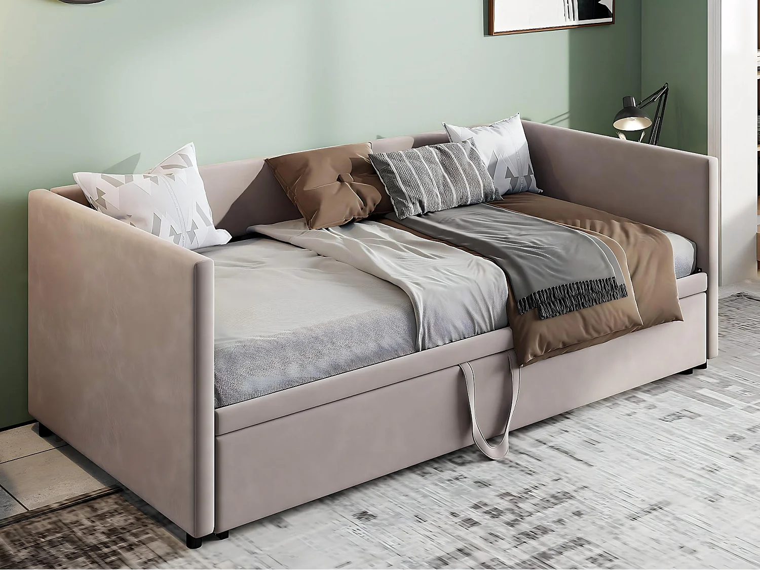 Canapé lit extensible 90/180x200, lit gigogne rembourré velours, convertible 2 places, gain de place