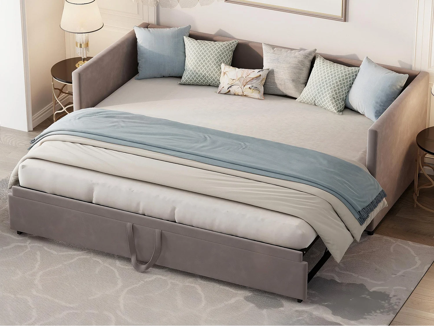 Canapé lit extensible 90/180x200, lit gigogne rembourré velours, convertible 2 places, gain de place