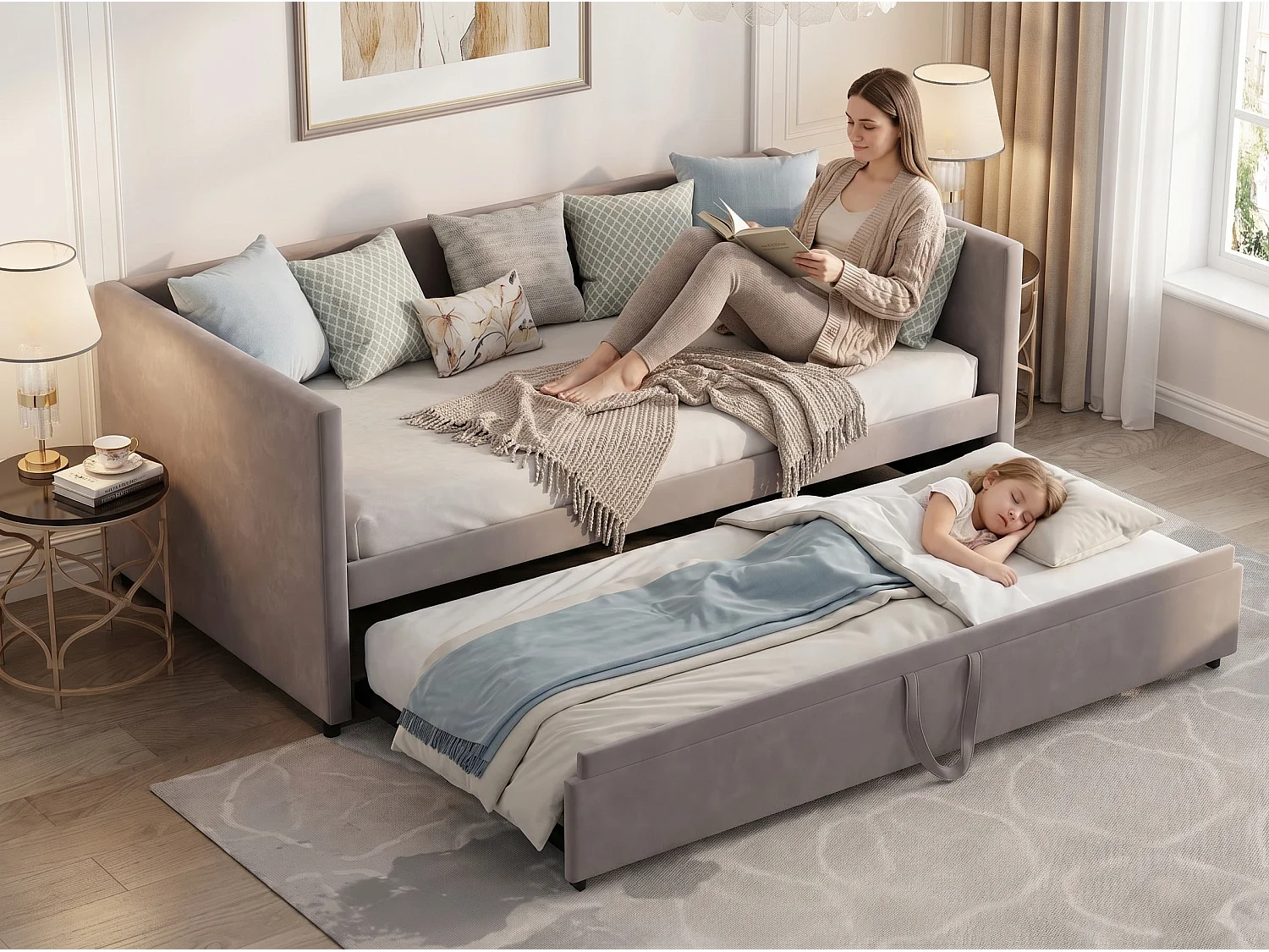 Canapé lit extensible 90/180x200, lit gigogne rembourré velours, convertible 2 places, gain de place