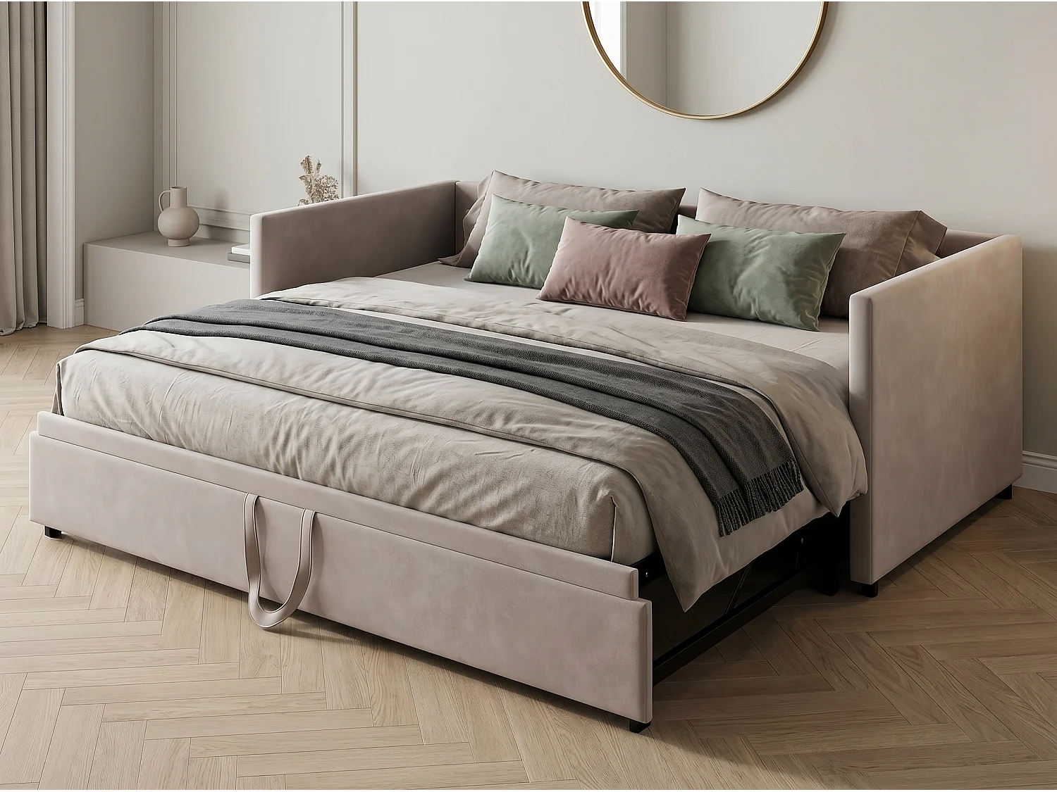 Canapé lit extensible 90/180x200, lit gigogne rembourré velours, convertible 2 places, gain de place