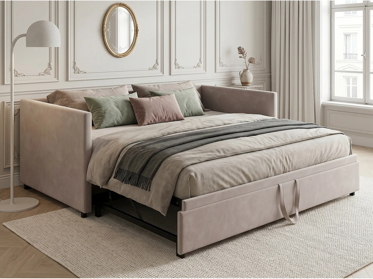 Canapé lit extensible 90/180x200, lit gigogne rembourré velours, convertible 2 places, gain de place