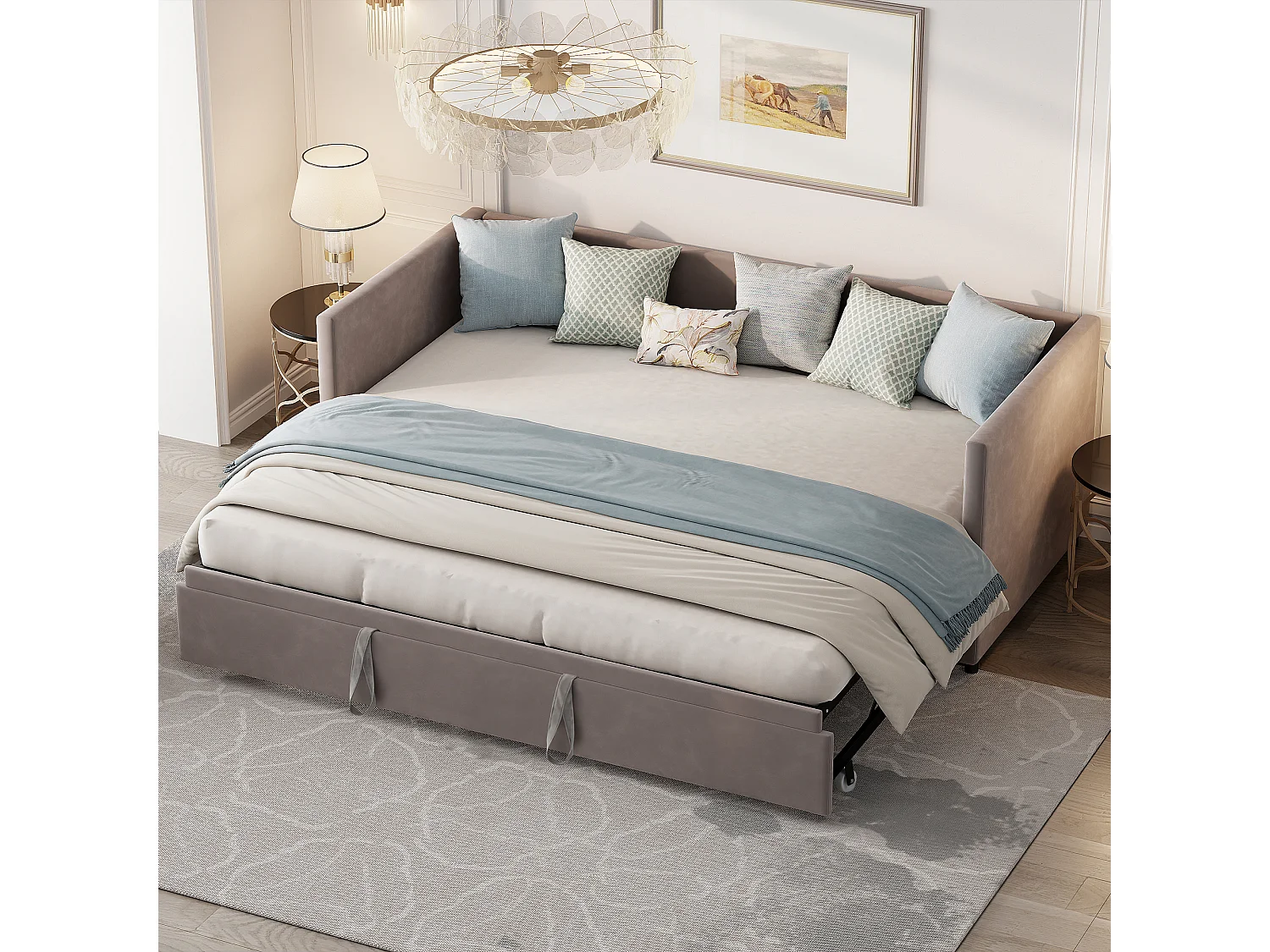 Canapé lit extensible 90/180x200, lit gigogne rembourré velours, convertible 2 places, gain de place