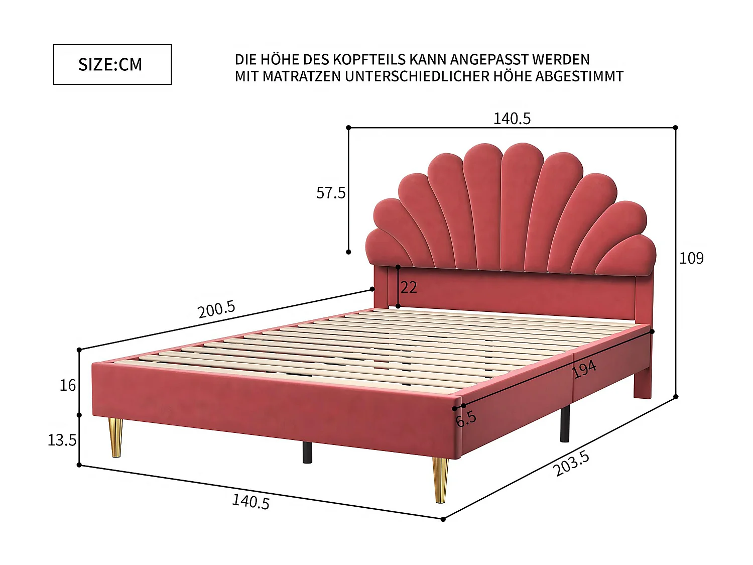 Lit double élégant, recouvert de velours rose, tête de lit en forme de coquillage, style moderne, pieds de lit dorés.
