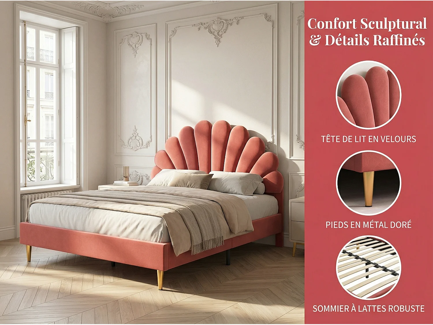 Lit double élégant, recouvert de velours rose, tête de lit en forme de coquillage, style moderne, pieds de lit dorés.