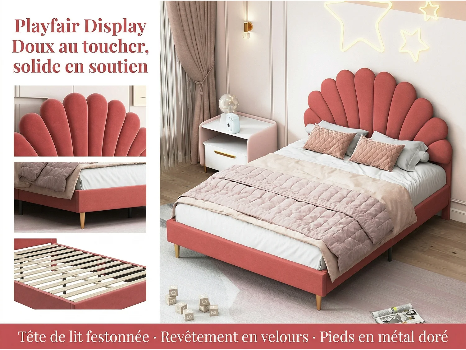 Lit double élégant, recouvert de velours rose, tête de lit en forme de coquillage, style moderne, pieds de lit dorés.