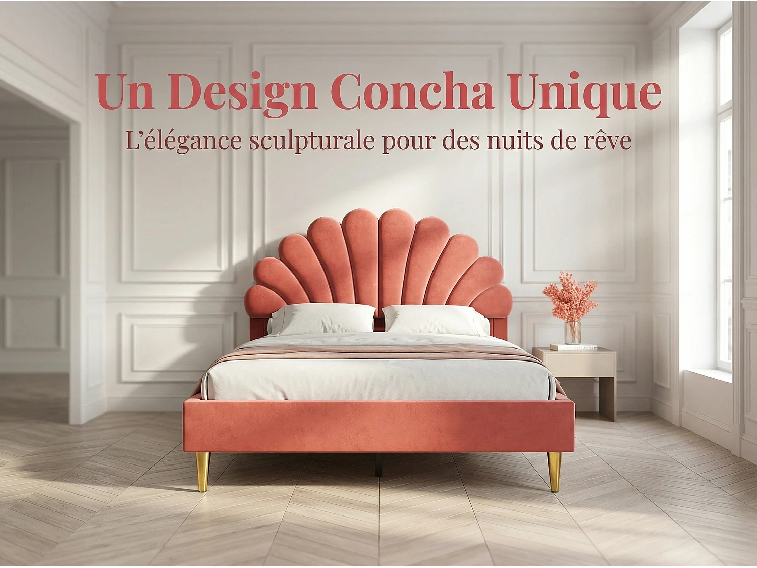 Lit double élégant, recouvert de velours rose, tête de lit en forme de coquillage, style moderne, pieds de lit dorés.