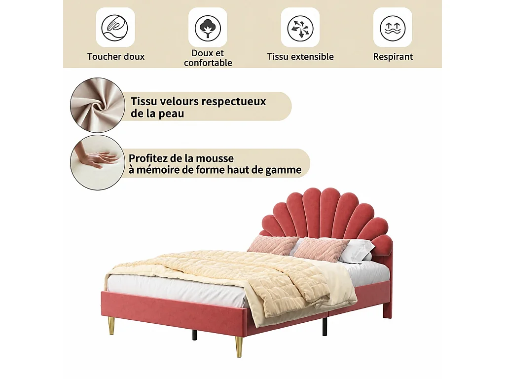 Lit double rembourré 140x200 cm Rouge avec tête de lit coquillage et pieds dorés