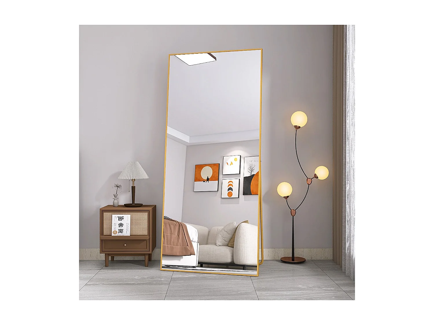 Miroir sur pied doré 180 x 80 cm, grand miroir plein pied, miroir de chambre à poser, cadre fin en aluminium, style moderne élégant
