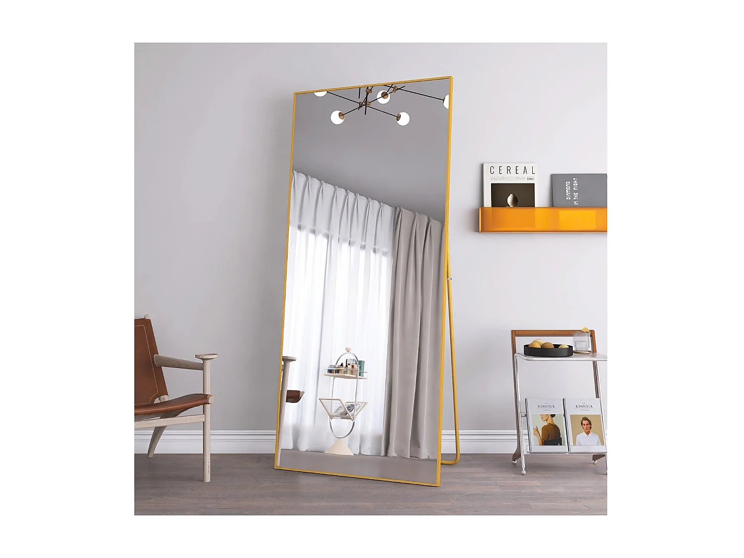 Miroir sur pied doré 180 x 80 cm, grand miroir plein pied, miroir de chambre à poser, cadre fin en aluminium, style moderne élégant