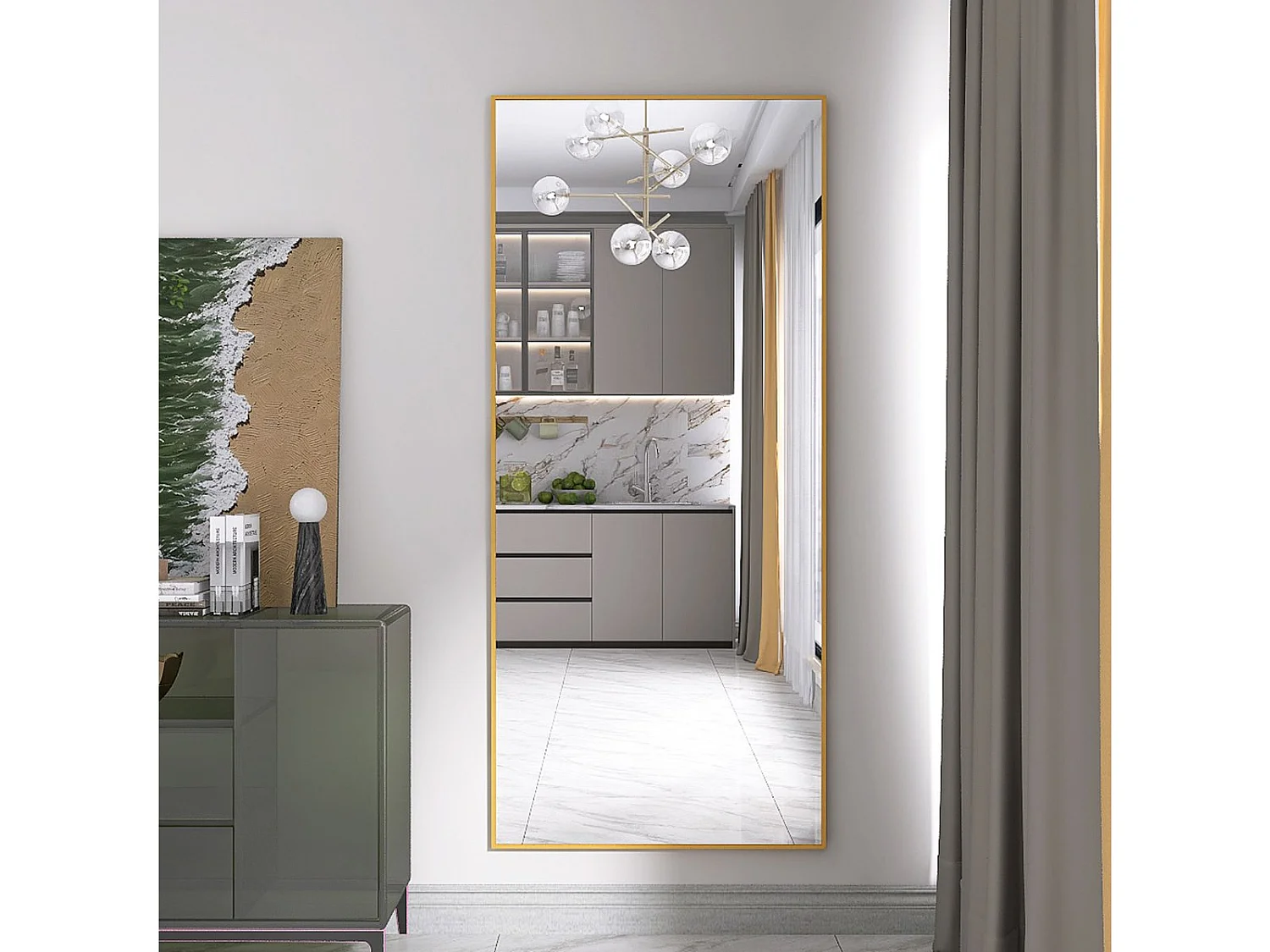Miroir sur Pied 180x80 cm avec Cadre Aluminium Doré, Grand Miroir Plein Pied Design pour Chambre Dressing
