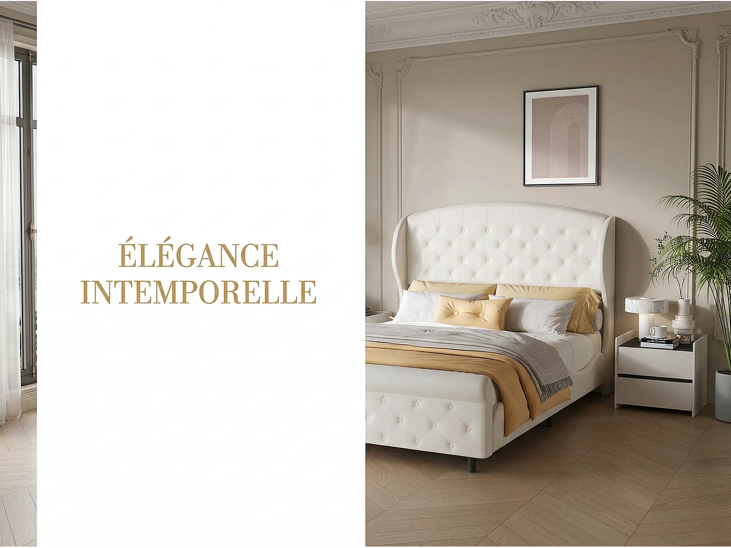 Lit double 140x200 cm en velours capitonné - cadre rembourré style classique - avec sommier à lattes - design élégant