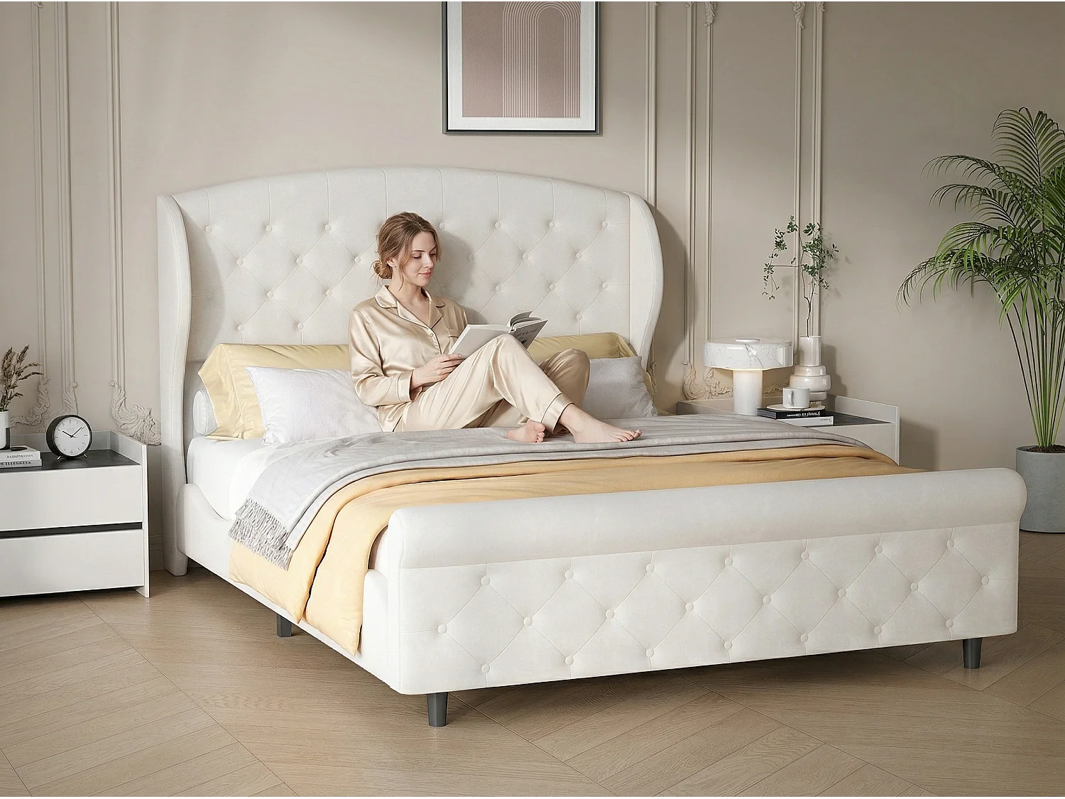 Lit double 140x200 cm en velours capitonné - cadre rembourré style classique - avec sommier à lattes - design élégant