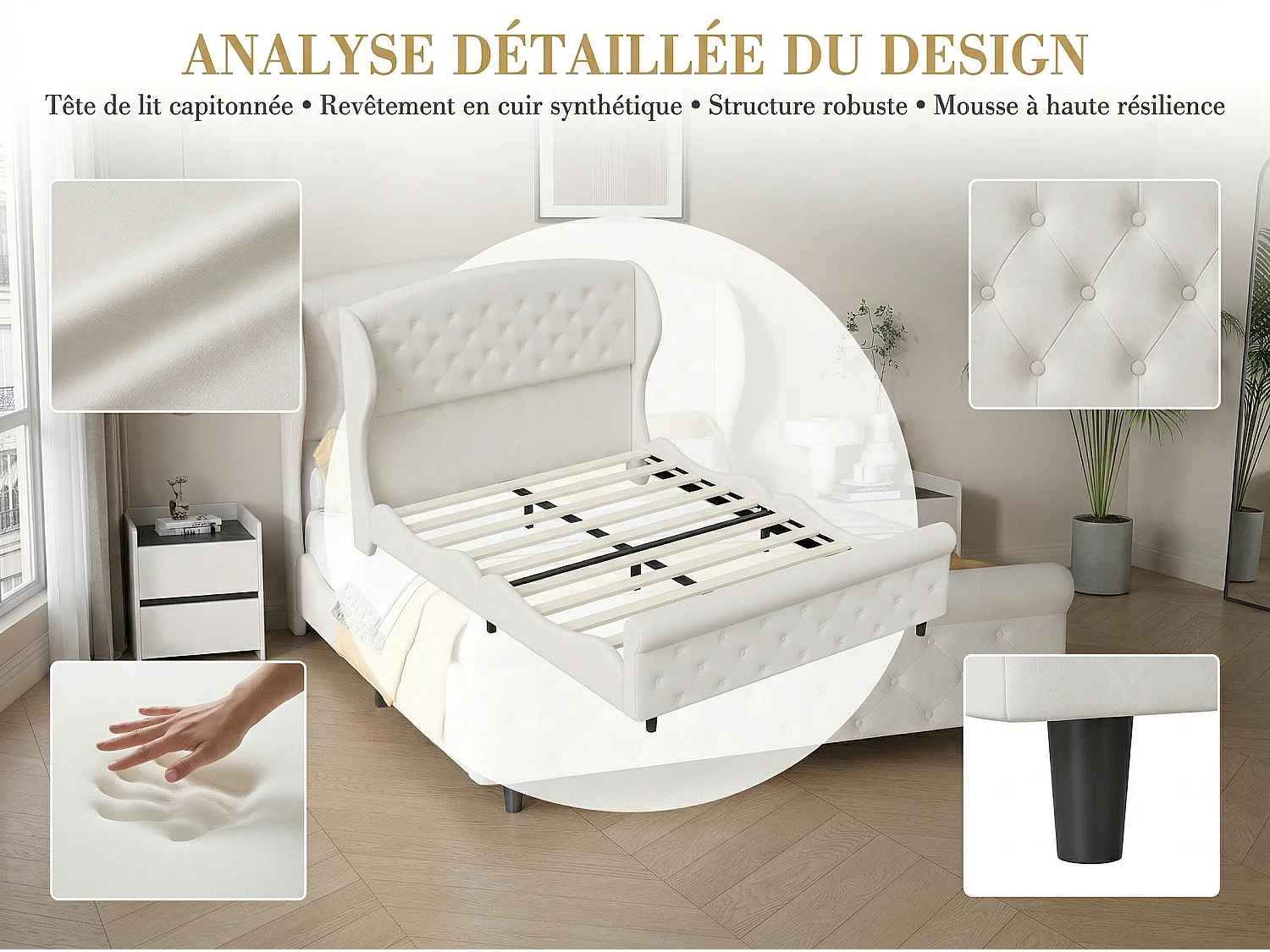 Lit double 140x200 cm en velours capitonné - cadre rembourré style classique - avec sommier à lattes - design élégant