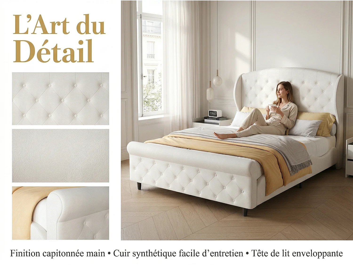 Lit double 140x200 cm en velours capitonné - cadre rembourré style classique - avec sommier à lattes - design élégant