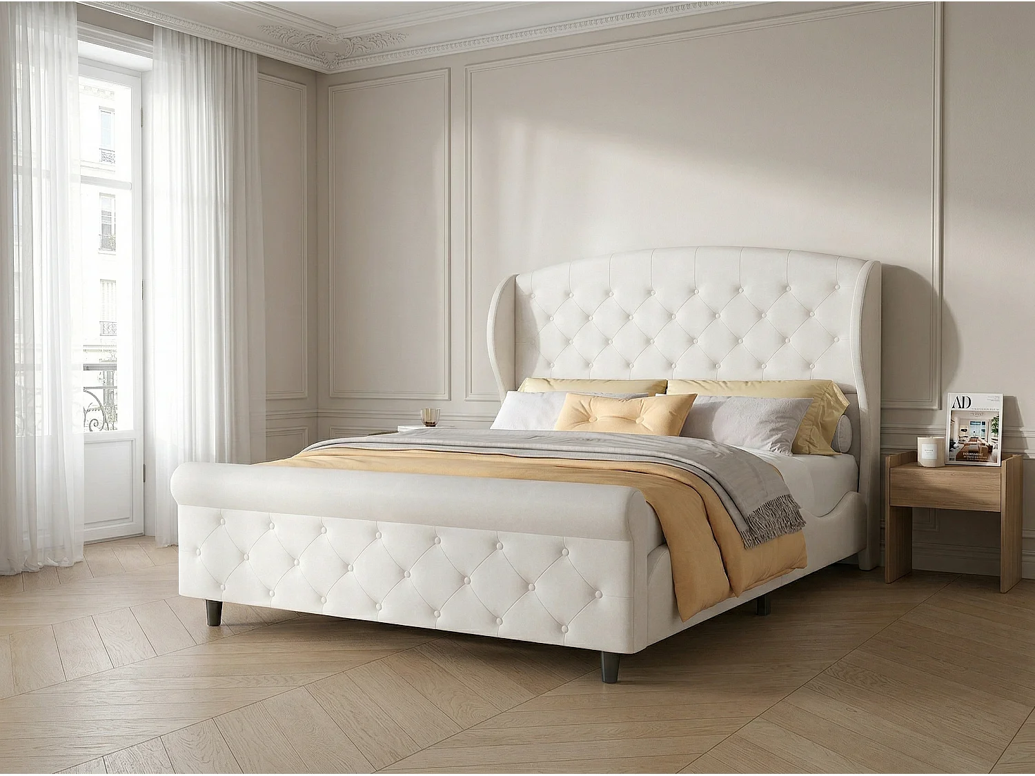 Lit double 140x200 cm en velours capitonné - cadre rembourré style classique - avec sommier à lattes - design élégant