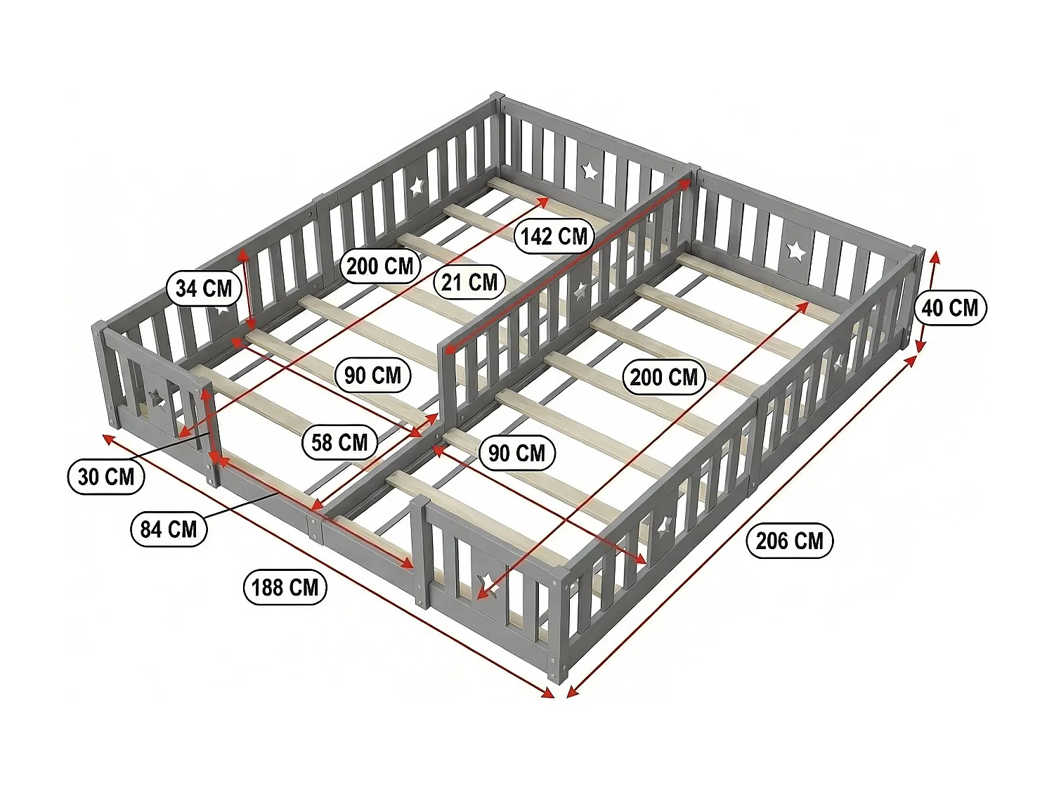 Lit enfant 180x200 cm en bois massif, lit au sol avec barrières, structure à barreaux avec motif étoile