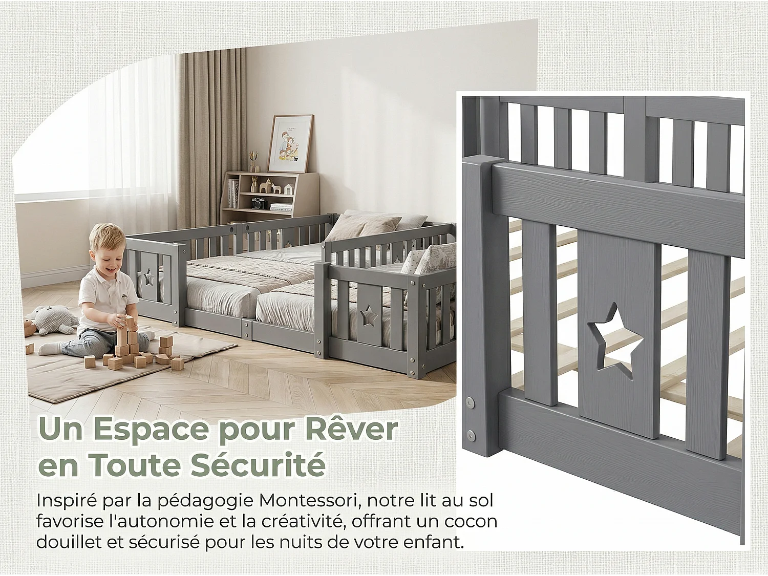 Lit enfant 180x200 cm en bois massif, lit au sol avec barrières, structure à barreaux avec motif étoile