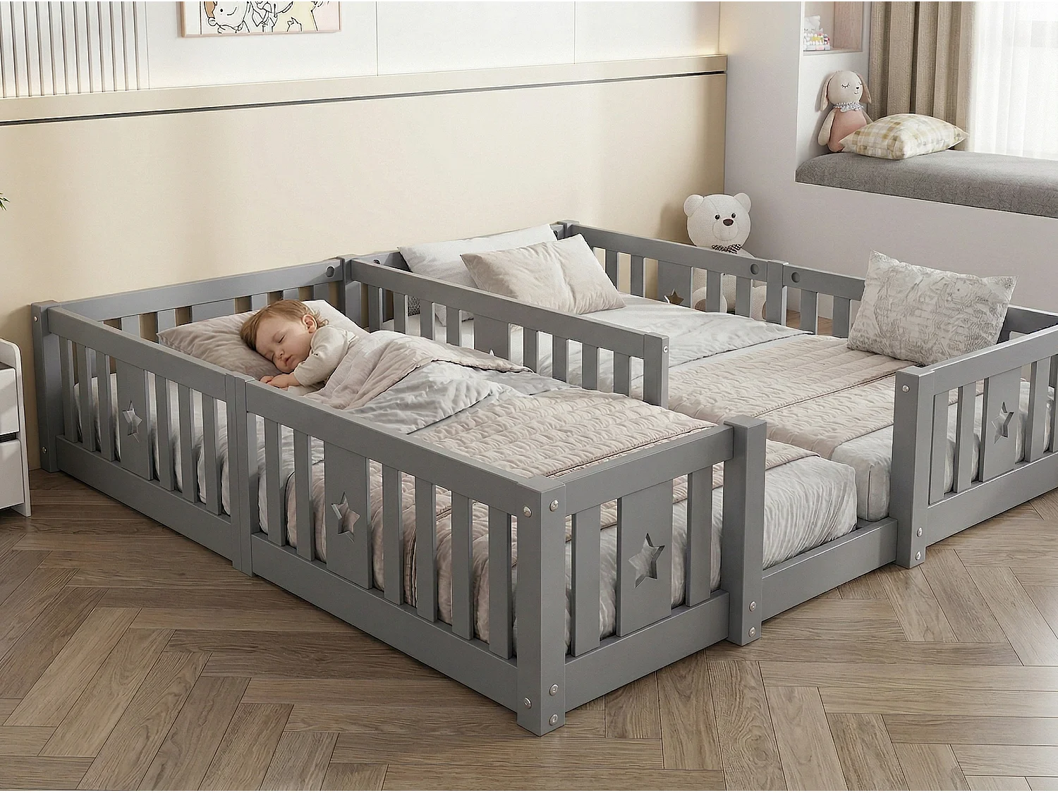 Lit enfant 180x200 cm en bois massif, lit au sol avec barrières, structure à barreaux avec motif étoile