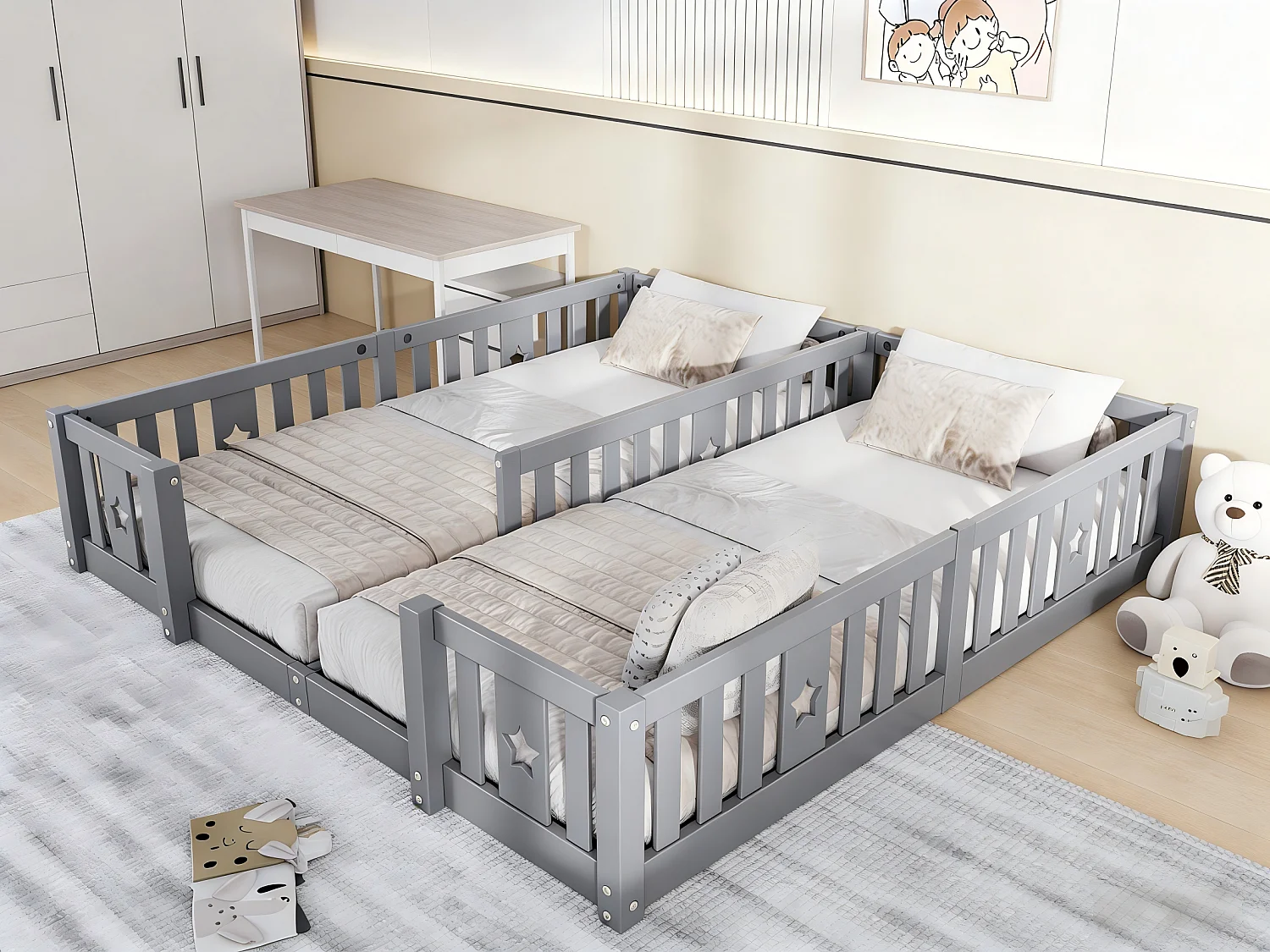 Lit enfant 180x200 cm en bois massif, lit au sol avec barrières, structure à barreaux avec motif étoile