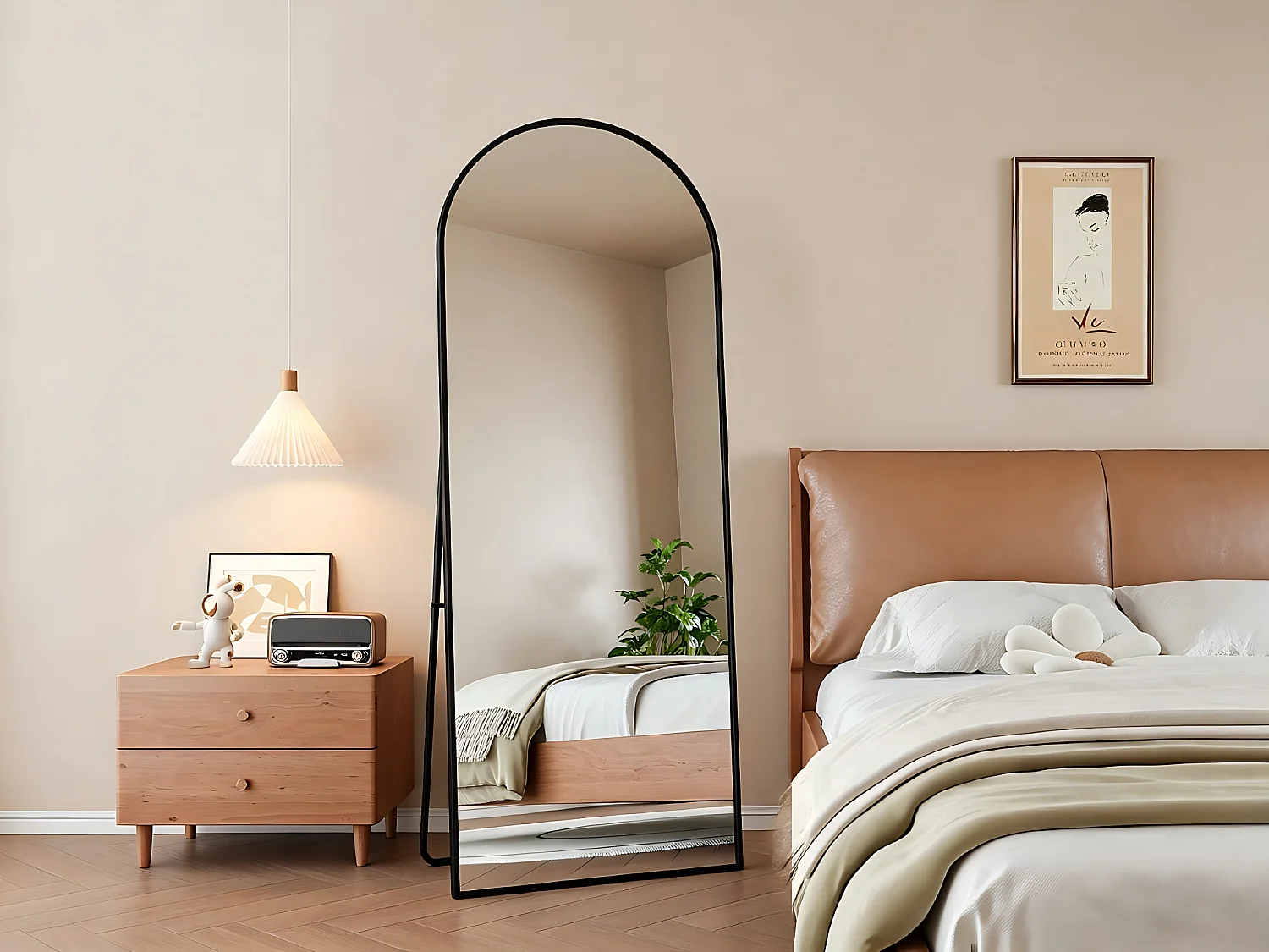 Miroir sur pied arqué noir, miroir plein pied, grand miroir de chambre et d’entrée, style moderne minimaliste