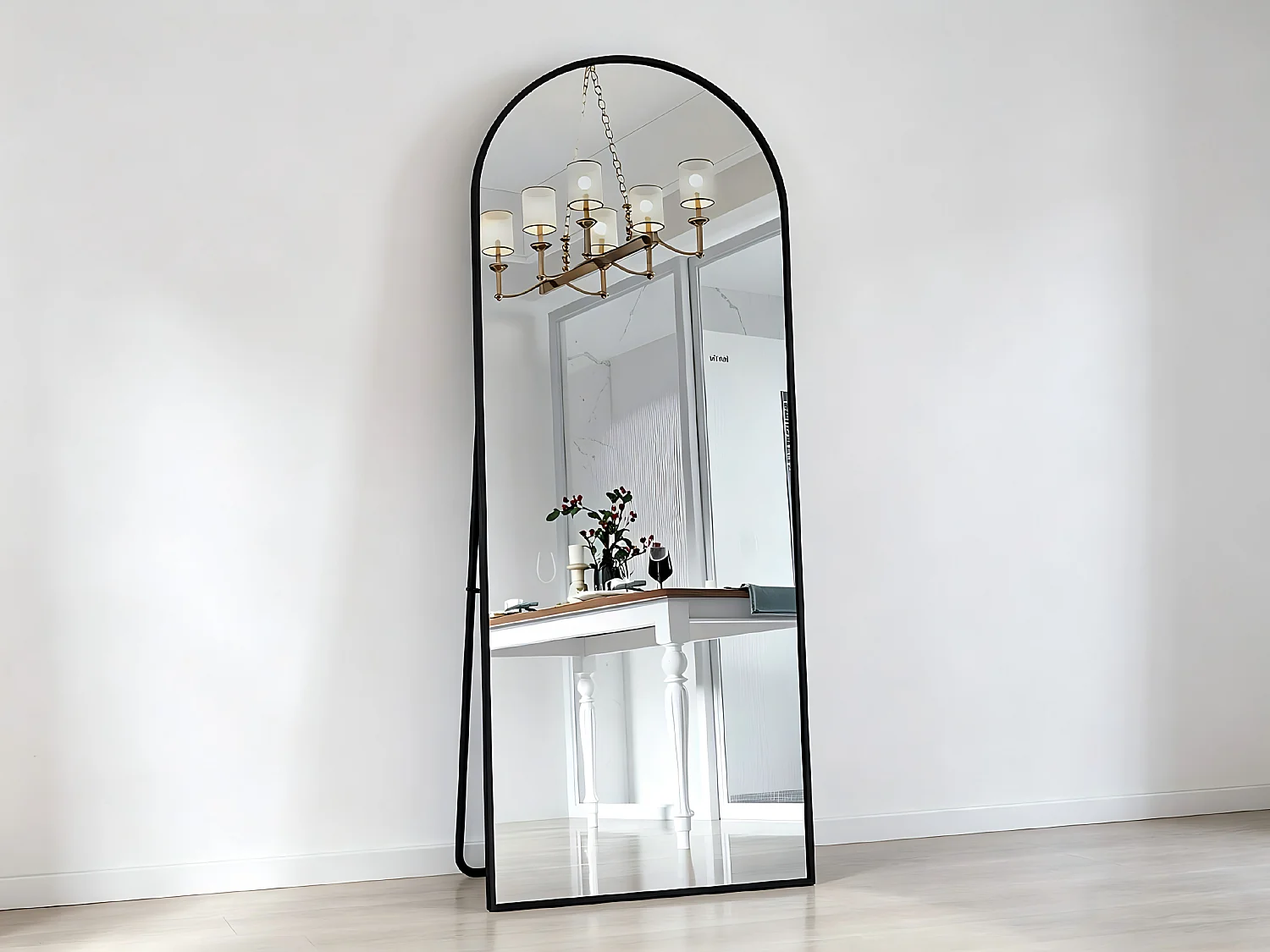 Miroir sur pied arqué noir, miroir plein pied, grand miroir de chambre et d’entrée, style moderne minimaliste