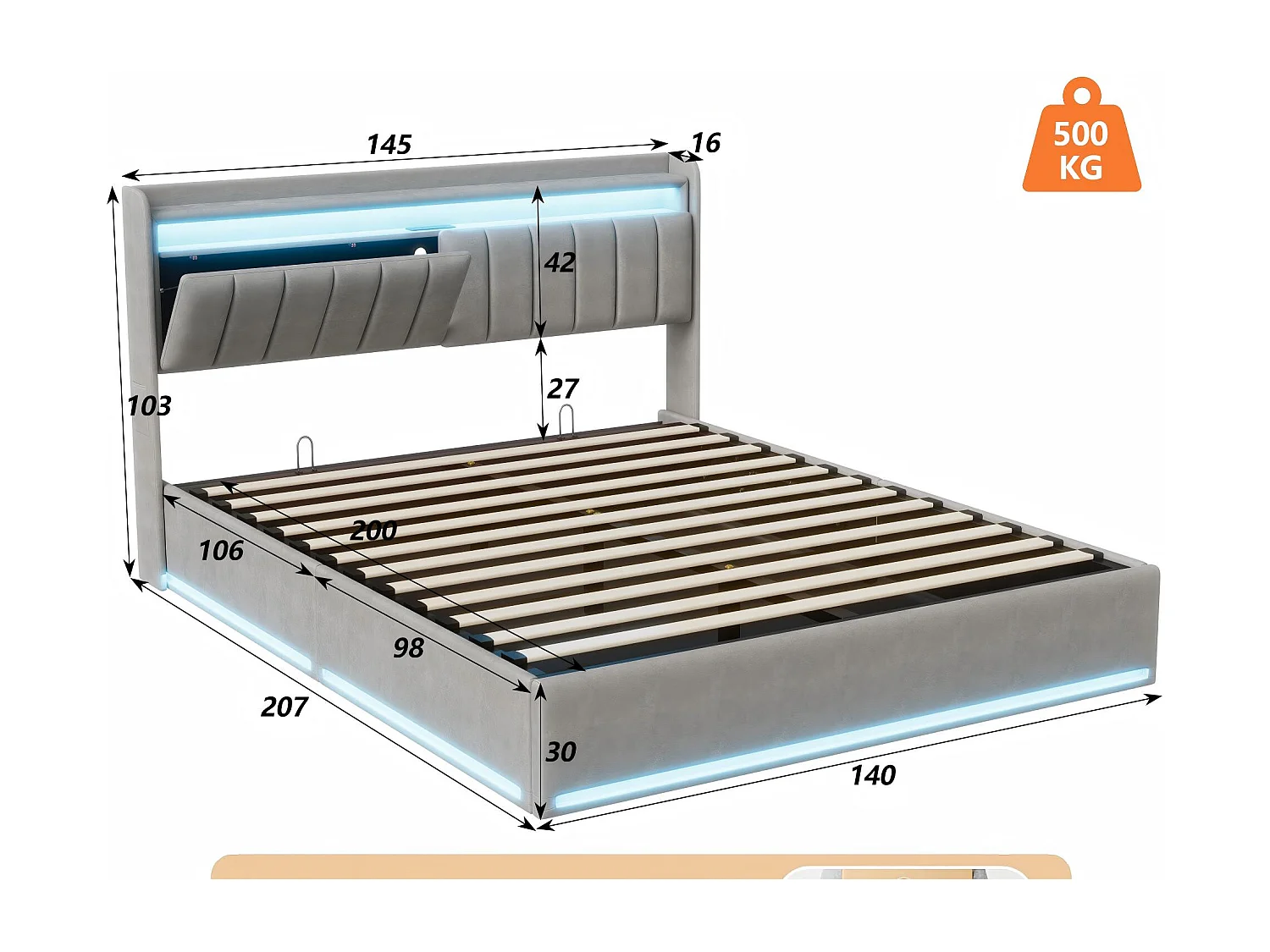 Lit coffre 140x200 avec tiroirs et LED RGB, lit avec USB Type-C, tête de lit rangement, velours