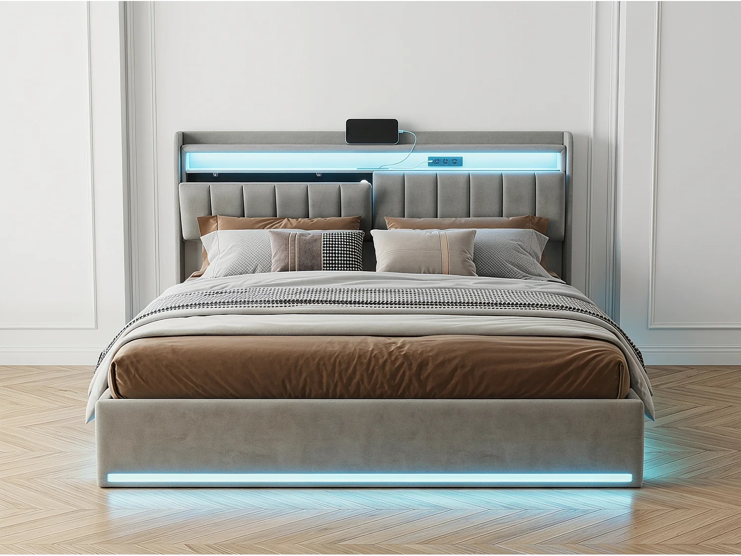 Lit rembourré 140×200 cm avec LED, recharge USB, sommier à lattes hydraulique et rangement – Lit double pour jeune