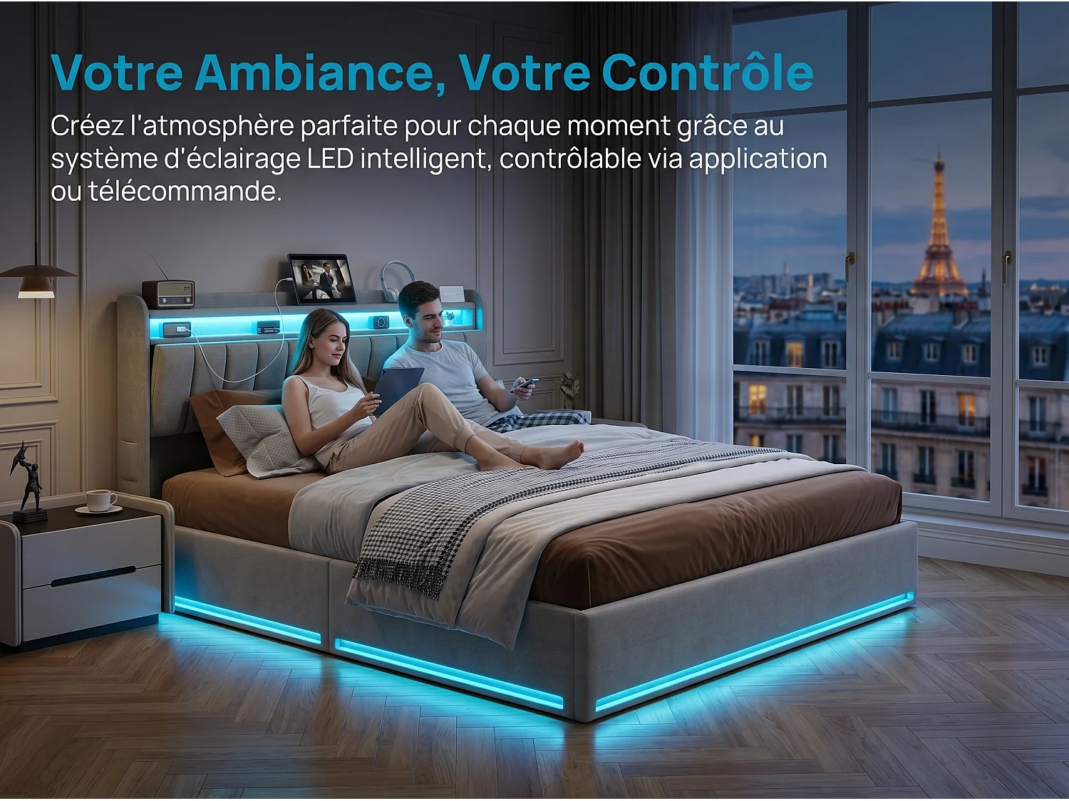 Lit rembourré 140×200 cm avec LED, recharge USB, sommier à lattes hydraulique et rangement – Lit double pour jeune