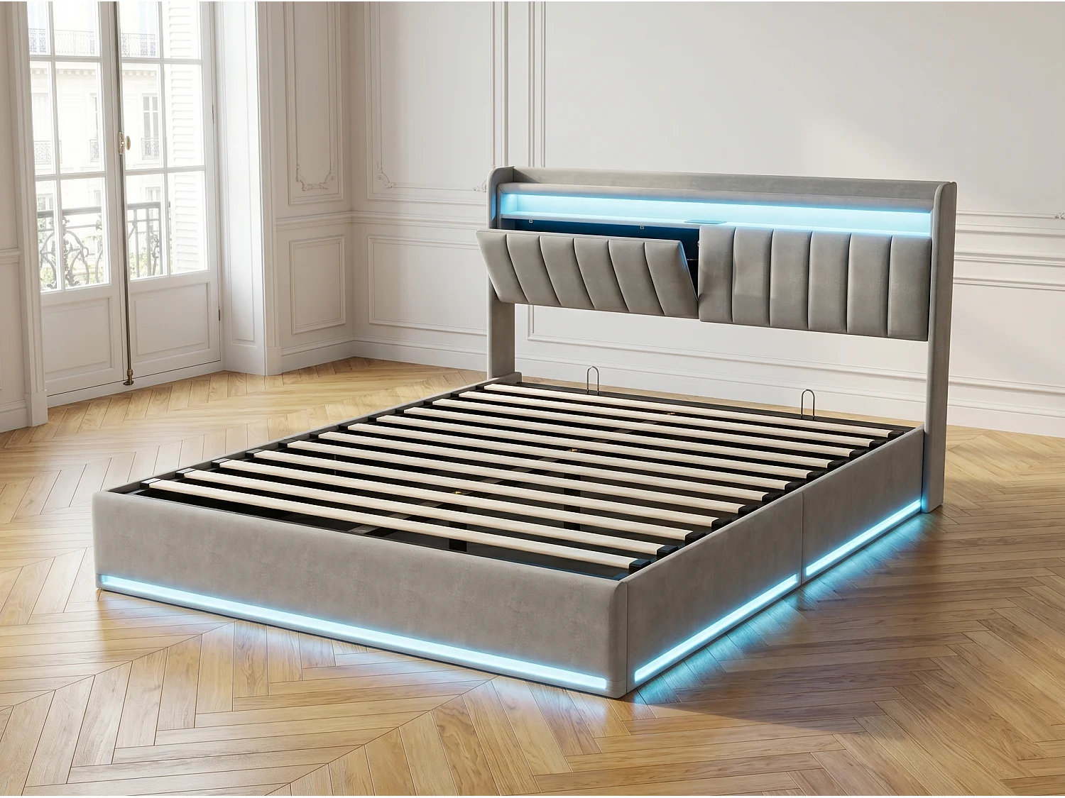 Lit rembourré 140×200 cm avec LED, recharge USB, sommier à lattes hydraulique et rangement – Lit double pour jeune