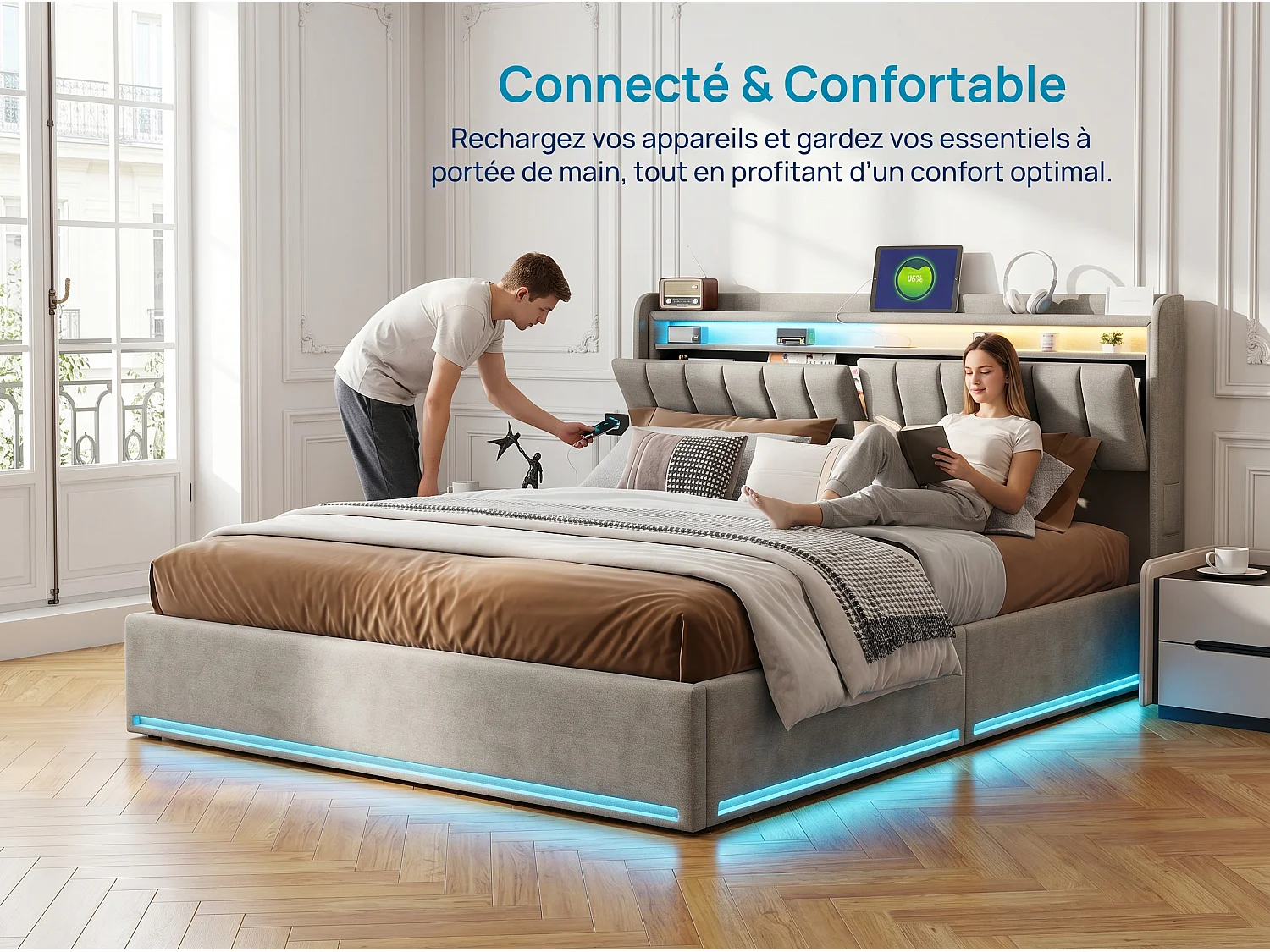 Lit rembourré 140×200 cm avec LED, recharge USB, sommier à lattes hydraulique et rangement – Lit double pour jeune