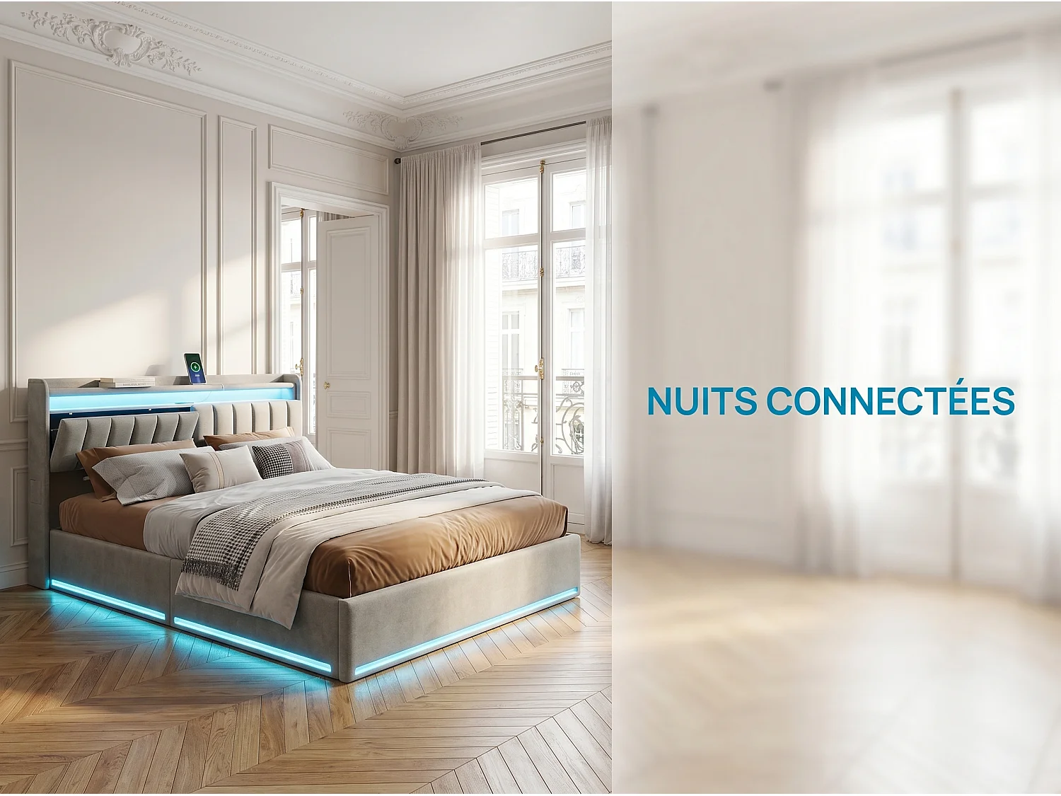 Lit rembourré 140×200 cm avec LED, recharge USB, sommier à lattes hydraulique et rangement – Lit double pour jeune