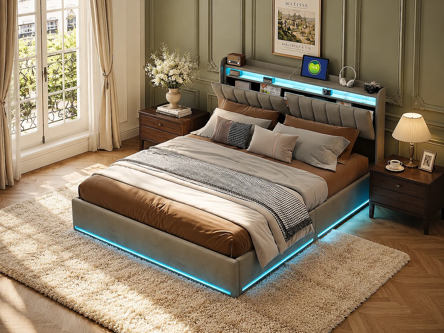 Lit rembourré 140×200 cm avec LED, recharge USB, sommier à lattes hydraulique et rangement – Lit double pour jeune