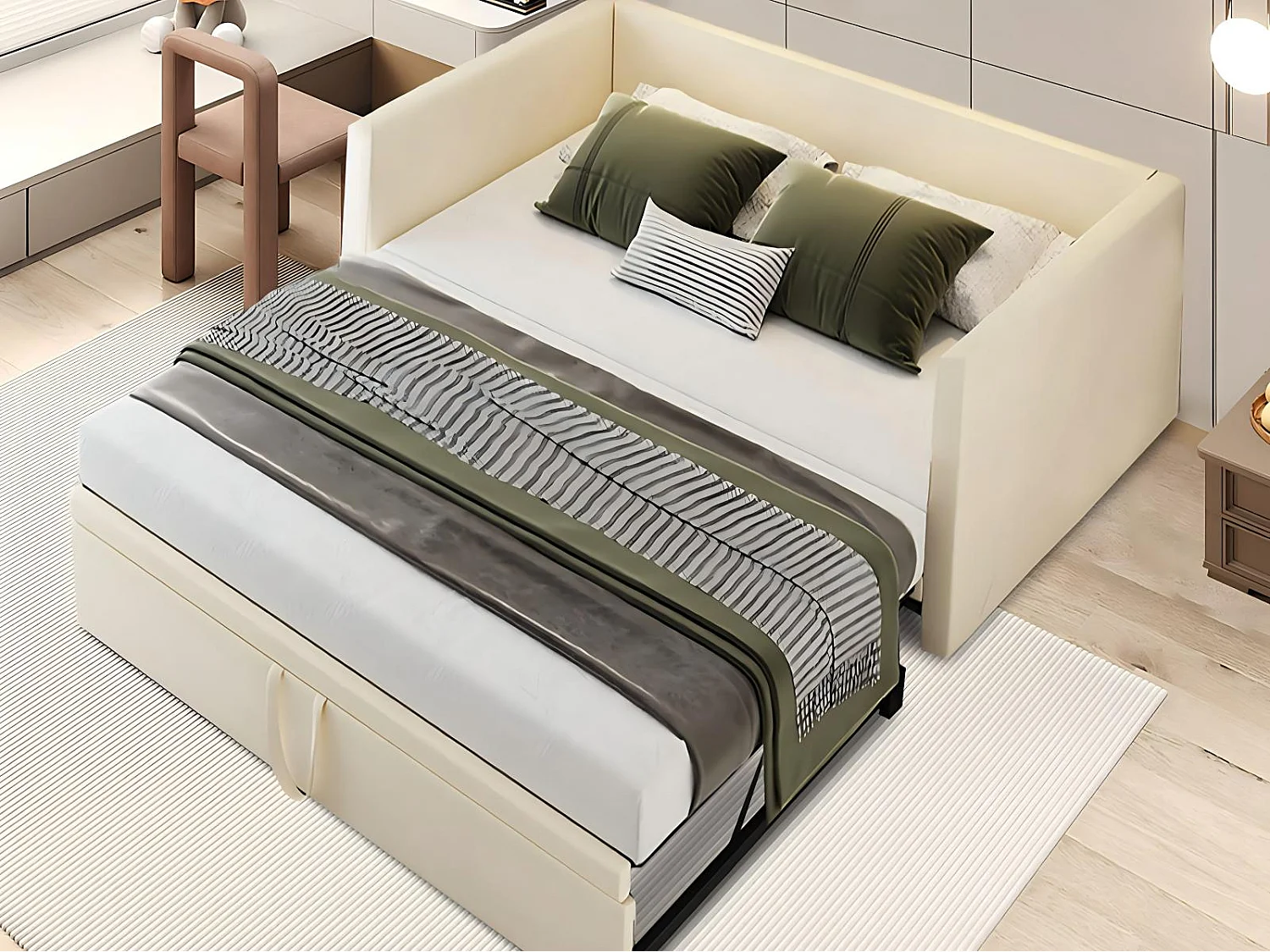 Canapé lit extensible 90/180x200, lit gigogne rembourré velours, convertible 2 places, gain de place