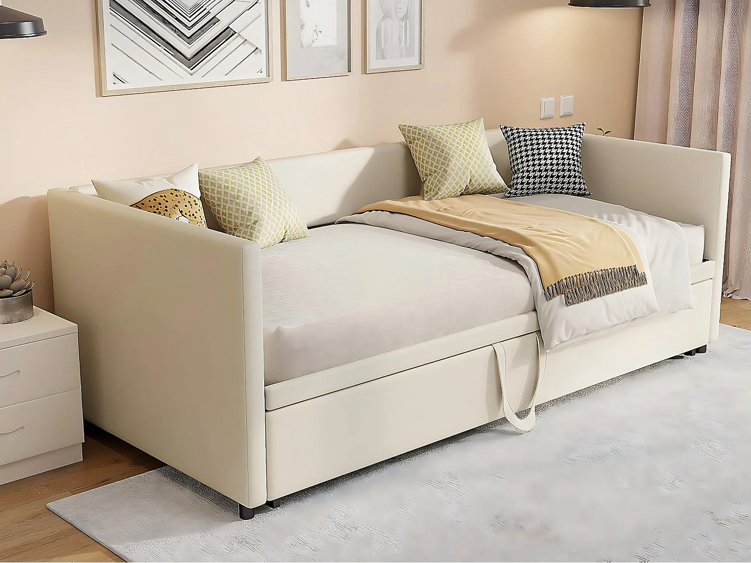 Canapé lit extensible 90/180x200, lit gigogne rembourré velours, convertible 2 places, gain de place