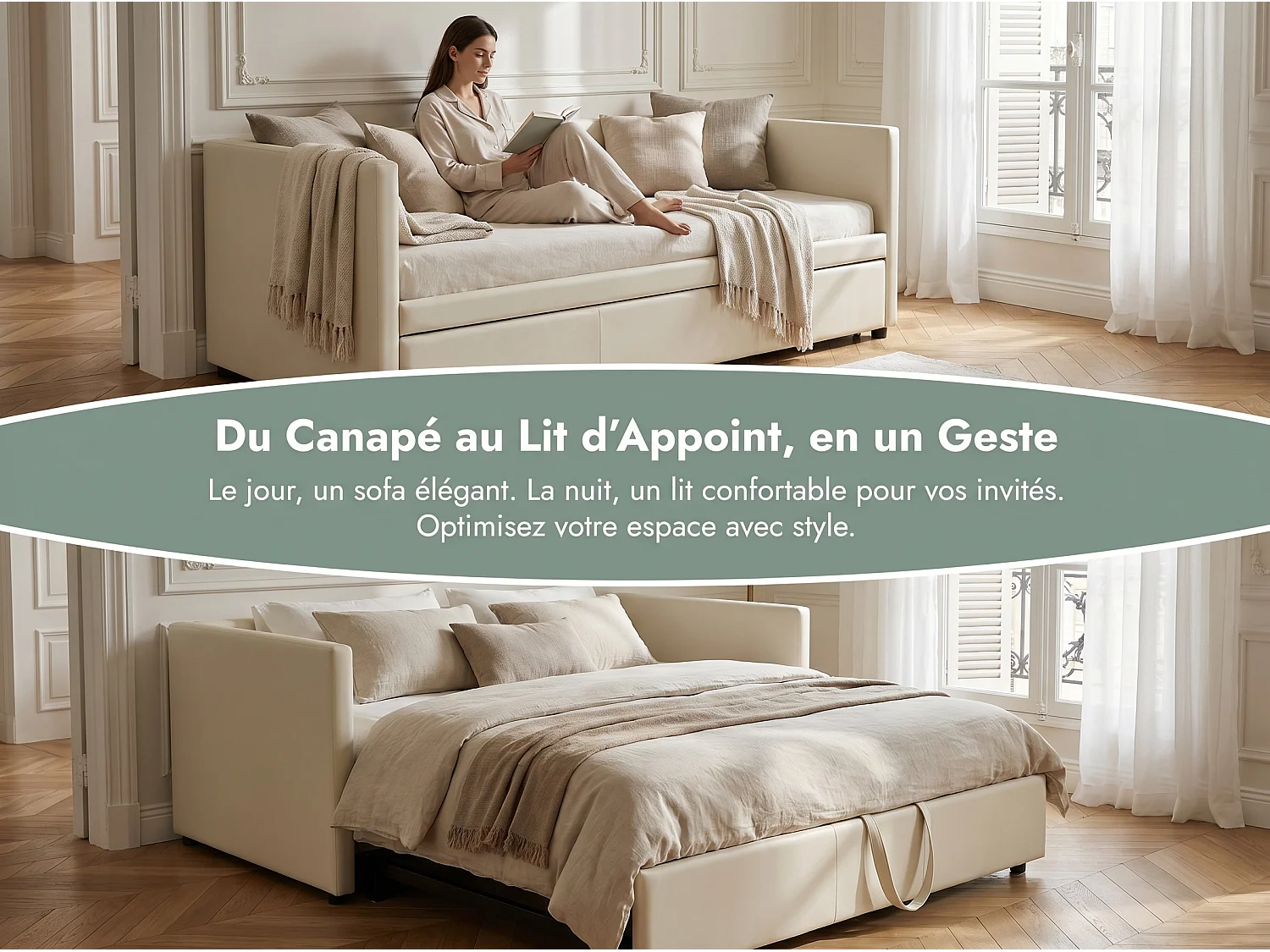 Canapé lit extensible 90/180x200, lit gigogne rembourré velours, convertible 2 places, gain de place