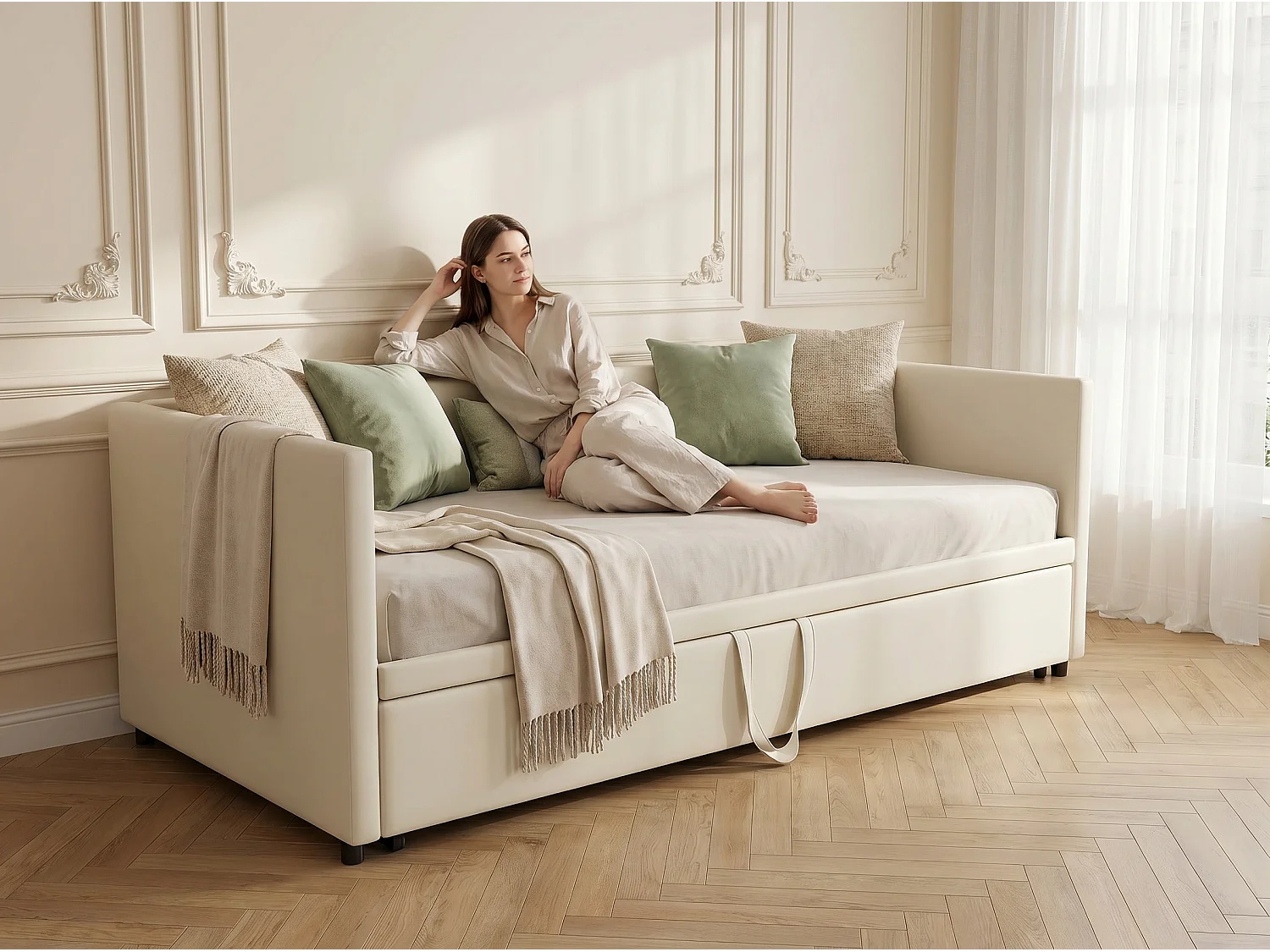 Canapé lit extensible 90/180x200, lit gigogne rembourré velours, convertible 2 places, gain de place