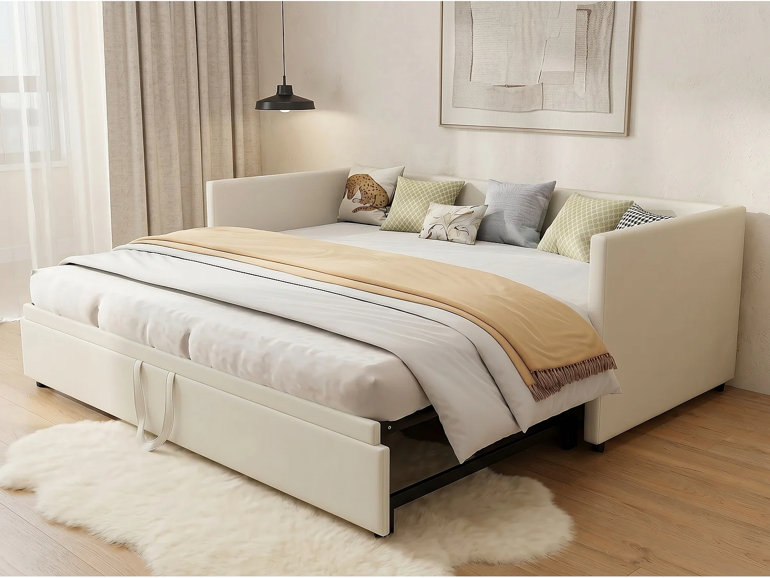 Canapé lit extensible 90/180x200, lit gigogne rembourré velours, convertible 2 places, gain de place