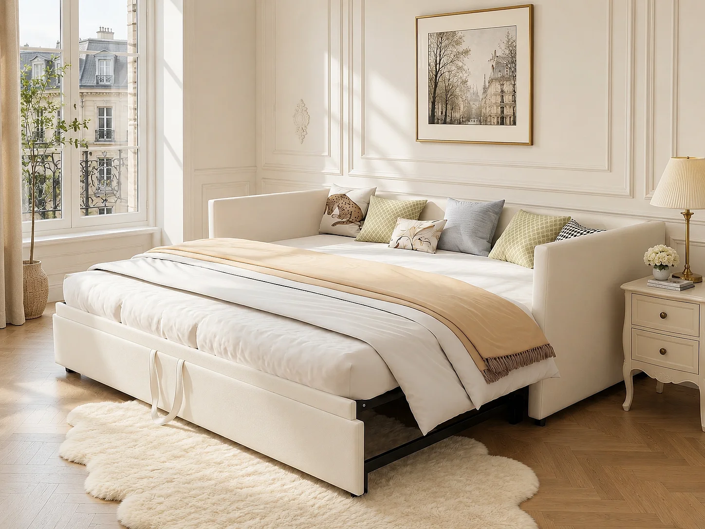 Canapé lit extensible 90/180x200, lit gigogne rembourré velours, convertible 2 places, gain de place