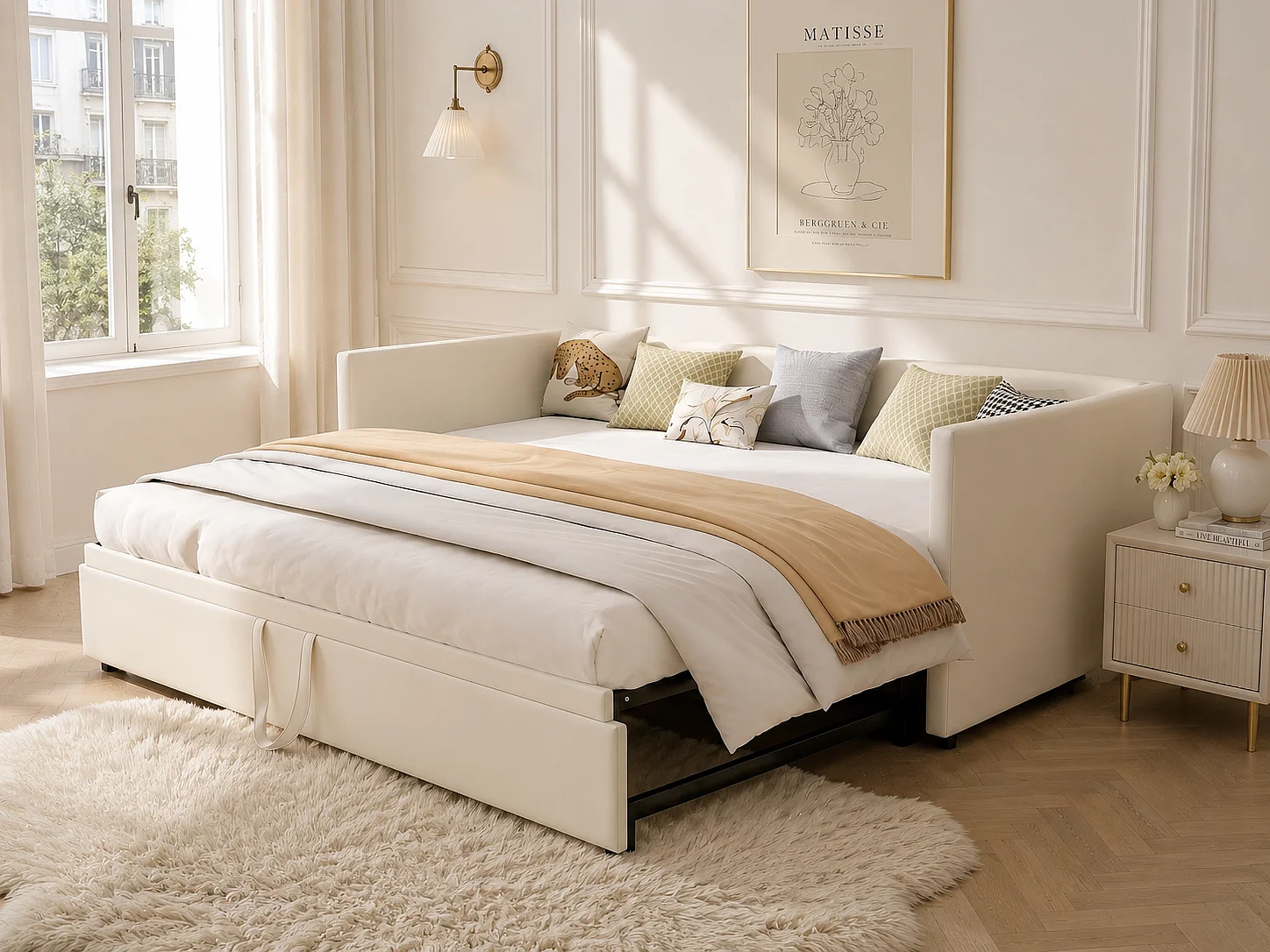 Canapé lit extensible 90/180x200, lit gigogne rembourré velours, convertible 2 places, gain de place