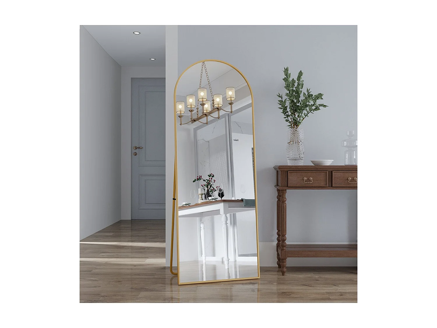 Miroir sur pied arche doré 162 x 53 cm, grand miroir plein pied, miroir de chambre à poser, cadre fin en métal, style moderne élégant