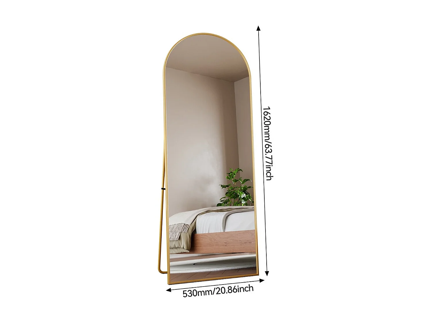 Miroir sur pied arche doré 162 x 53 cm, grand miroir plein pied, miroir de chambre à poser, cadre fin en métal, style moderne élégant