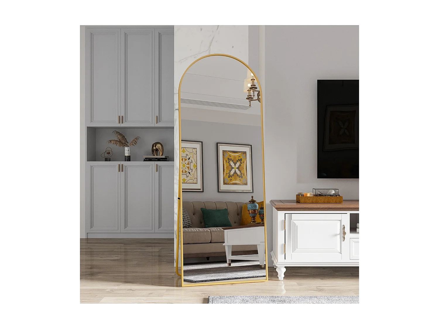 Miroir sur pied arche doré 162 x 53 cm, grand miroir plein pied, miroir de chambre à poser, cadre fin en métal, style moderne élégant