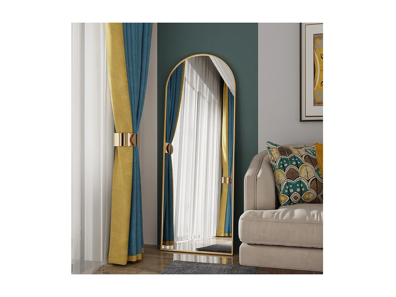 Miroir sur pied arche doré 162 x 53 cm, grand miroir plein pied, miroir de chambre à poser, cadre fin en métal, style moderne élégant