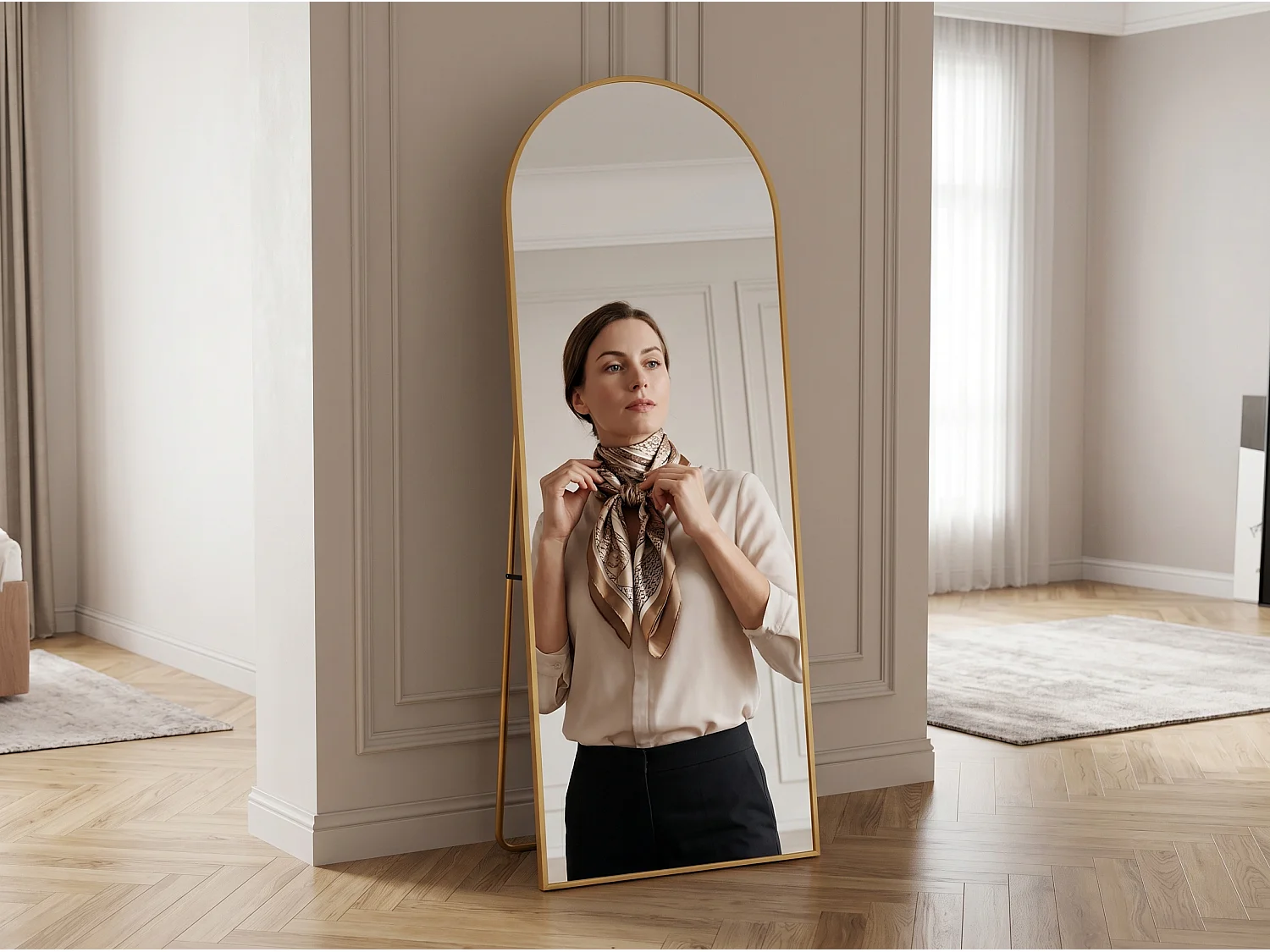 Miroir sur pied incurvé 162 x 53 cm - cadre en alliage d'aluminium - verre trempé - grand format - or