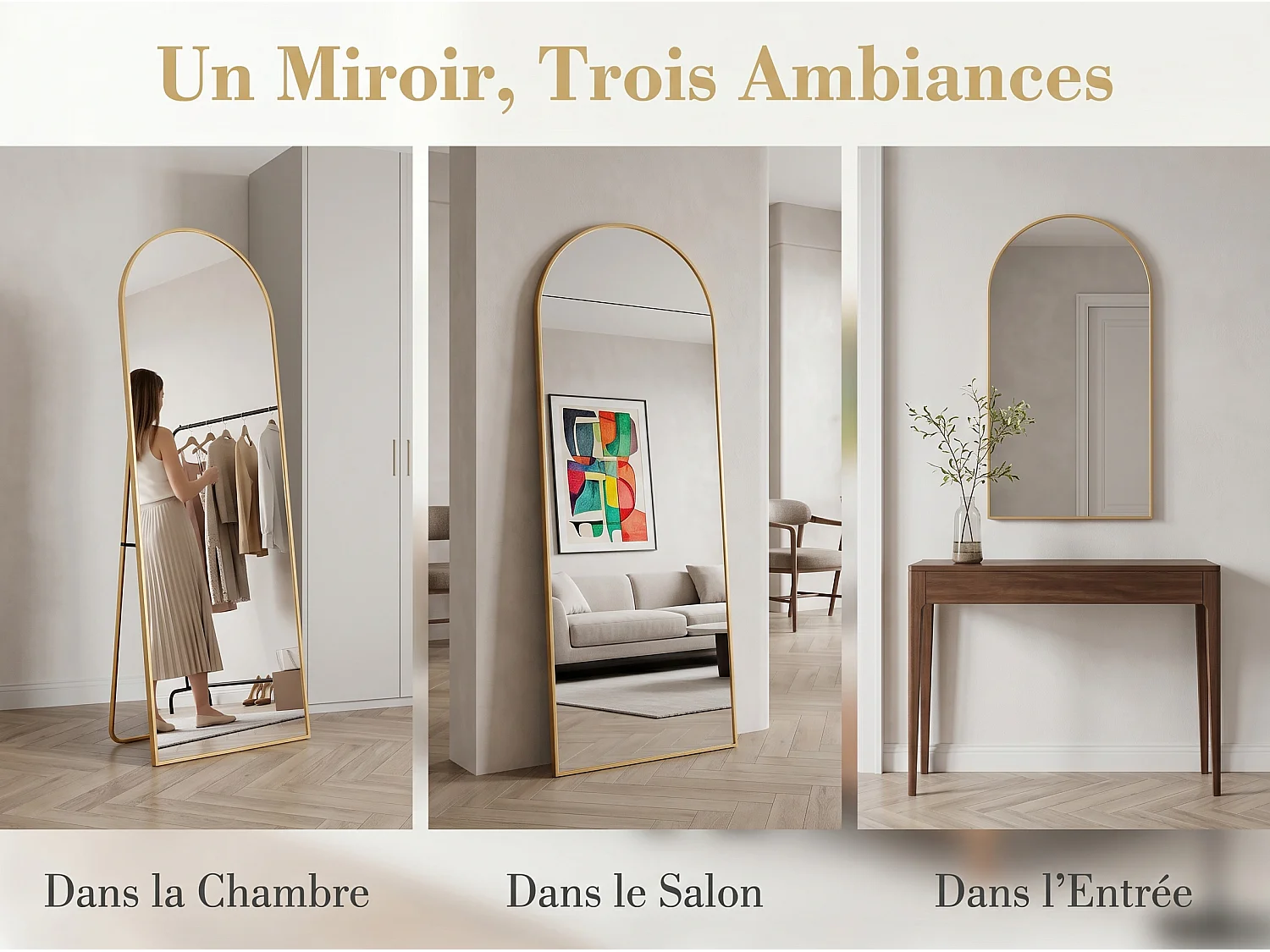 Miroir sur pied incurvé 162 x 53 cm - cadre en alliage d'aluminium - verre trempé - grand format - or