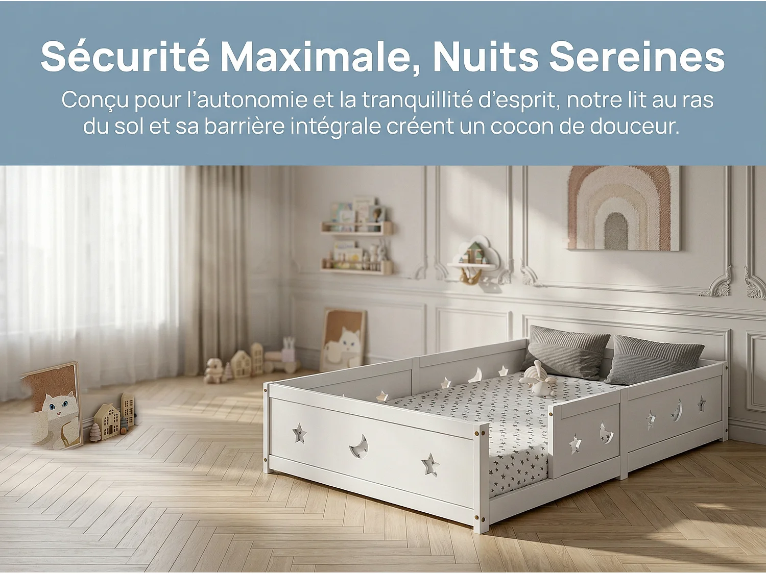 Lit enfant en bois massif avec barrière de sécurité, lit junior motif étoile lune, peinture à l’eau, design moderne